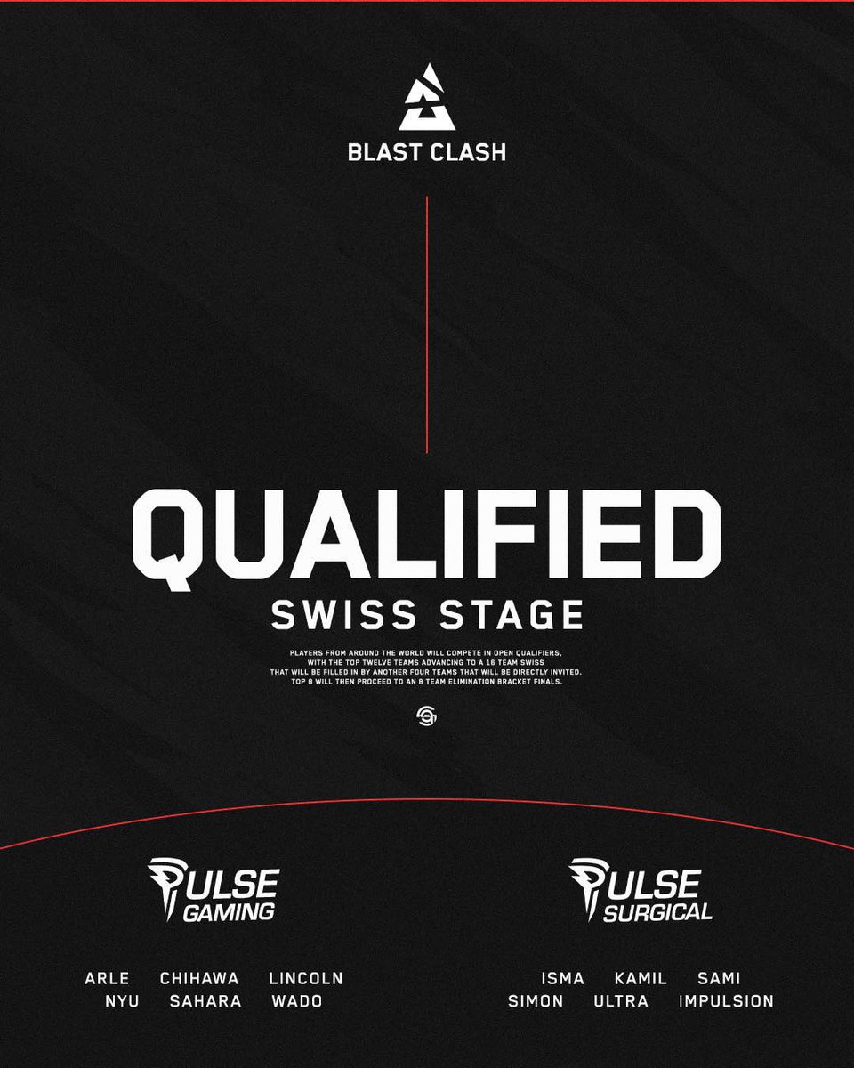 We went undefeated in Open Qualifier 3 and secured our spot in the <a href="/BLASTtv/">BLAST.tv</a> Clash Swiss Stage alongside our Pulse Surgical teammates! 🛡️⚔️

Some familiar opponents await... it’s time for a rematch. 🔥

Swiss Stage, here we come!

#PULSEWIN