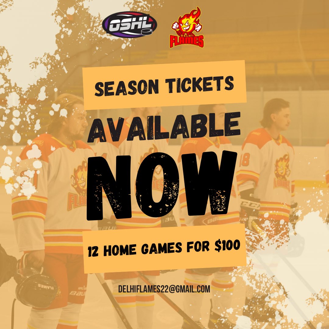 delhi_flames's tweet photo. SEASON TICKETS!! Come to all 12 home games- for one low price! 
Purchase your season tickets before puck drop on Saturday, and get our first at home playoff series included 🔥 
DM us or email delhiflames22@gmail.com 📧 
@OSHL_official https://t.co/urtUwOfjyq