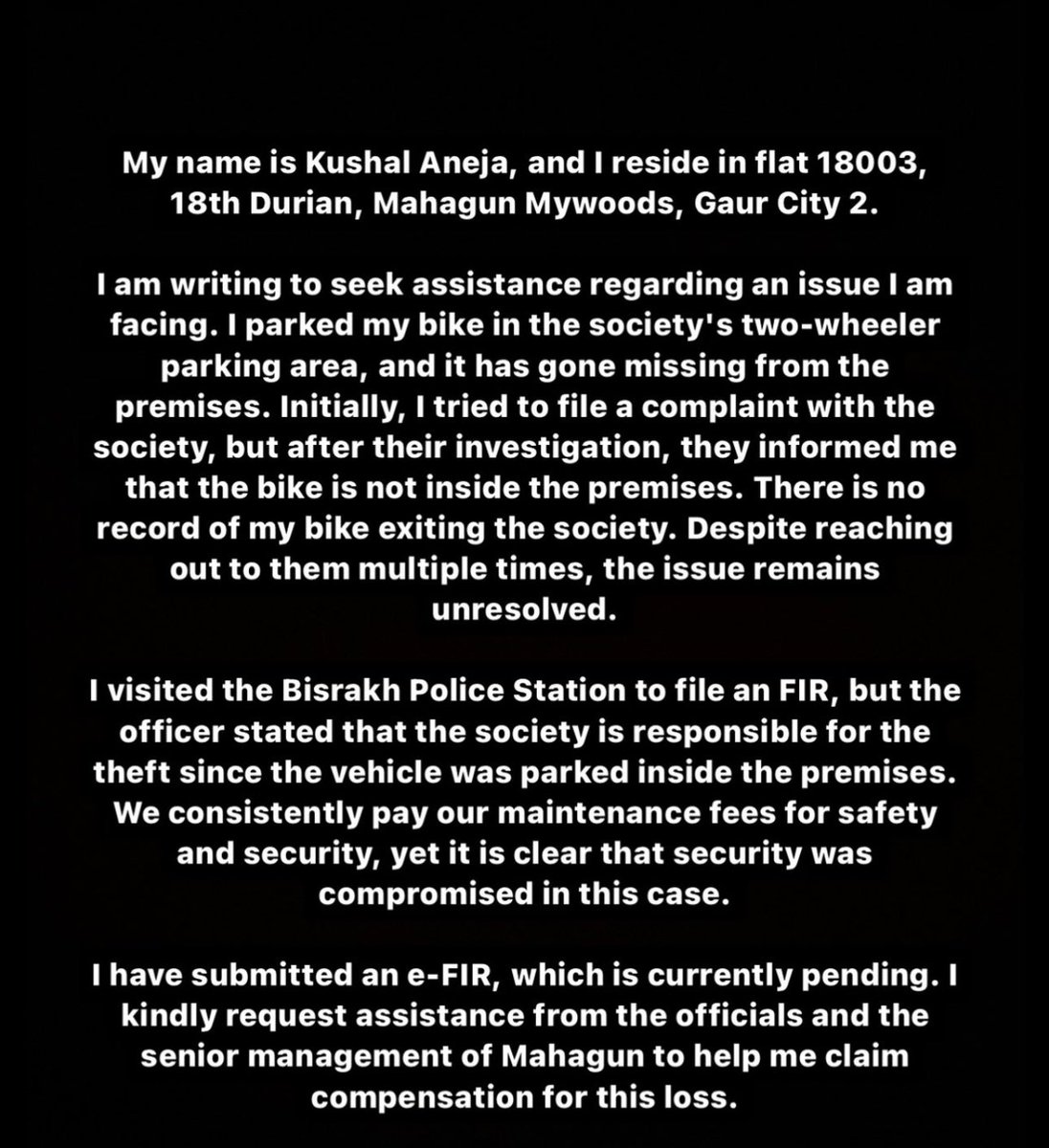 AnejaKushal's tweet photo. PLEASE HELP 🙏🙏

@myogiadityanath @myogioffice @PMOIndia @CMOfficeUP @mahagungroup @mmwresidents @ChiefSecyUP @dmgbnagar @upnews_18 @NoidaNewsIndia @noida_authority 
@dgpup @jagograhakjago @AU_UPNews 

#NEWS #Mahagun #Noida #HelpForAll #theft https://t.co/9u9kl4Q8Lb