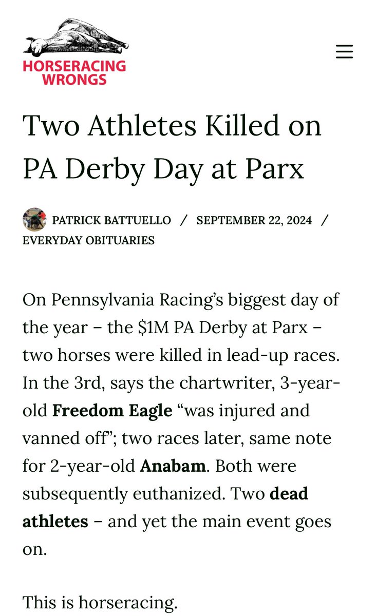2 horses were killed at <a href="/parxracing/">Parx Racing</a> yesterday during the PA Derby! That brings total to 21 dead so far this year. Our tax dollars are paying for this animal abuse &amp; the public needs to know the truth. <a href="/FOX29philly/">FOX 29</a> <a href="/NBCPhiladelphia/">NBC10 Philadelphia</a> <a href="/6abc/">Action News on 6abc</a> @6abcAnnie <a href="/KYWNewsradio/">KYW Newsradio - NOW ON 103.9 FM!</a> <a href="/CBSPhiladelphia/">CBS Philadelphia</a>