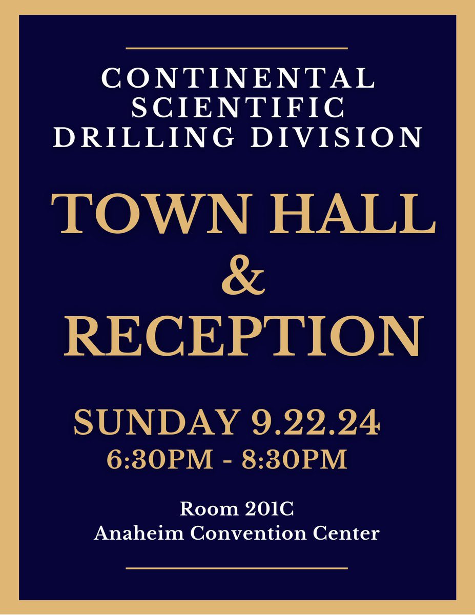 GSA Continental Scientific Drilling Division (@gsa_csdd) on Twitter photo Our Town Hall and Reception kicks off tonight in 201C at 6:30pm! Mark it down in your <a href="/geosociety/">geosociety</a> #GSA2024 calendar Our Town Hall and Reception kicks off tonight in 201C at 6:30pm! Mark it down in your <a href="/geosociety/">geosociety</a> #GSA2024 calendar