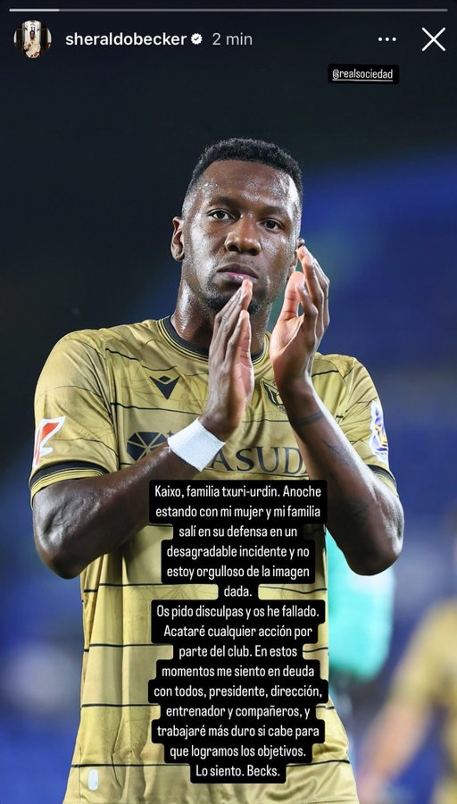 carrusel's tweet photo. ‼️ Sheraldo Becker protagonizó ayer una pelea en una discoteca de Donosti

✋ El jugador pide perdón y dice que acatará cualquier decisión por parte de la Real Sociedad

📽️ @Un3DeAbrill https://t.co/GZ5iexpwCC