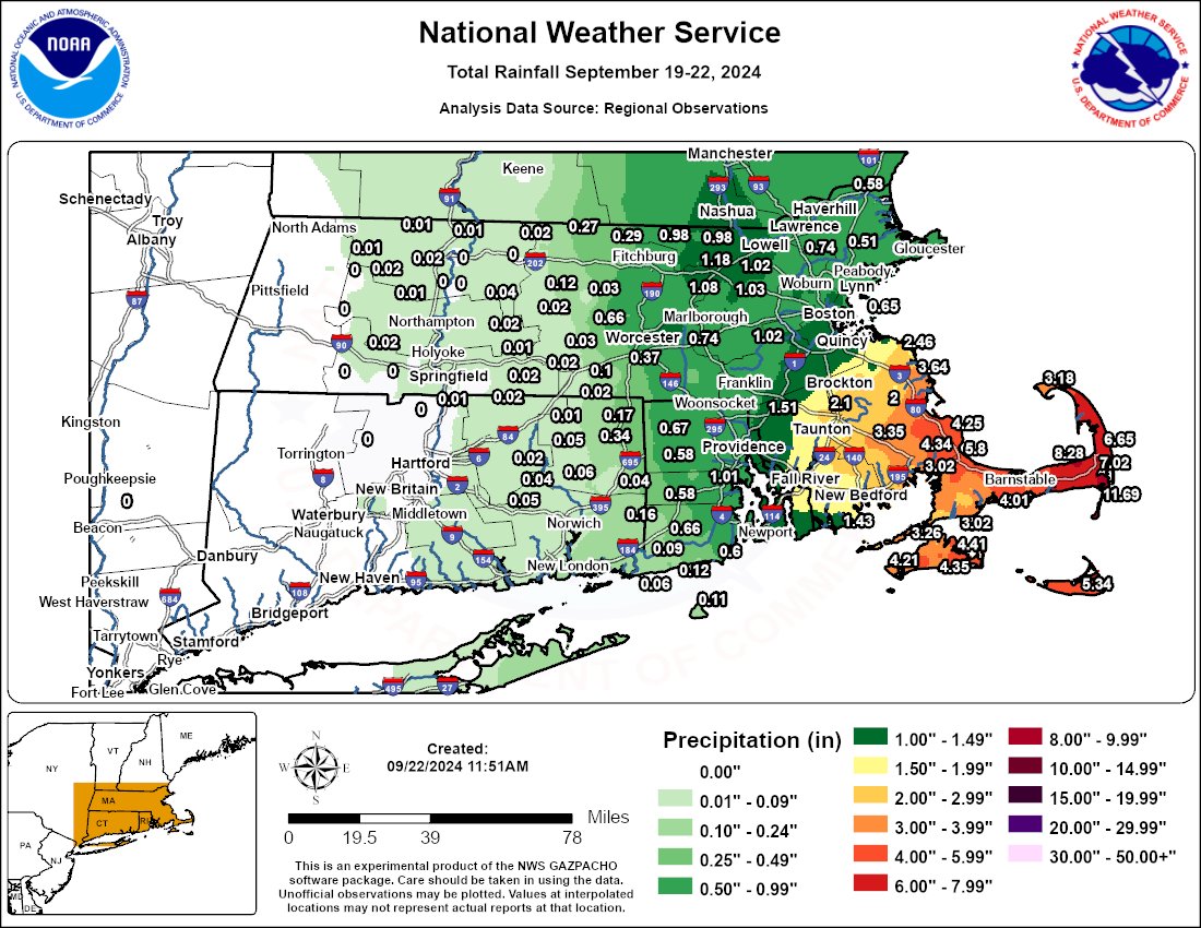Here is our map based on the rainfall reports we received for our just ending rainstorm. A big range from zero in western areas to over 10" on part of Cape Cod. See the full list at: weather.gov/media/box/Rain…
