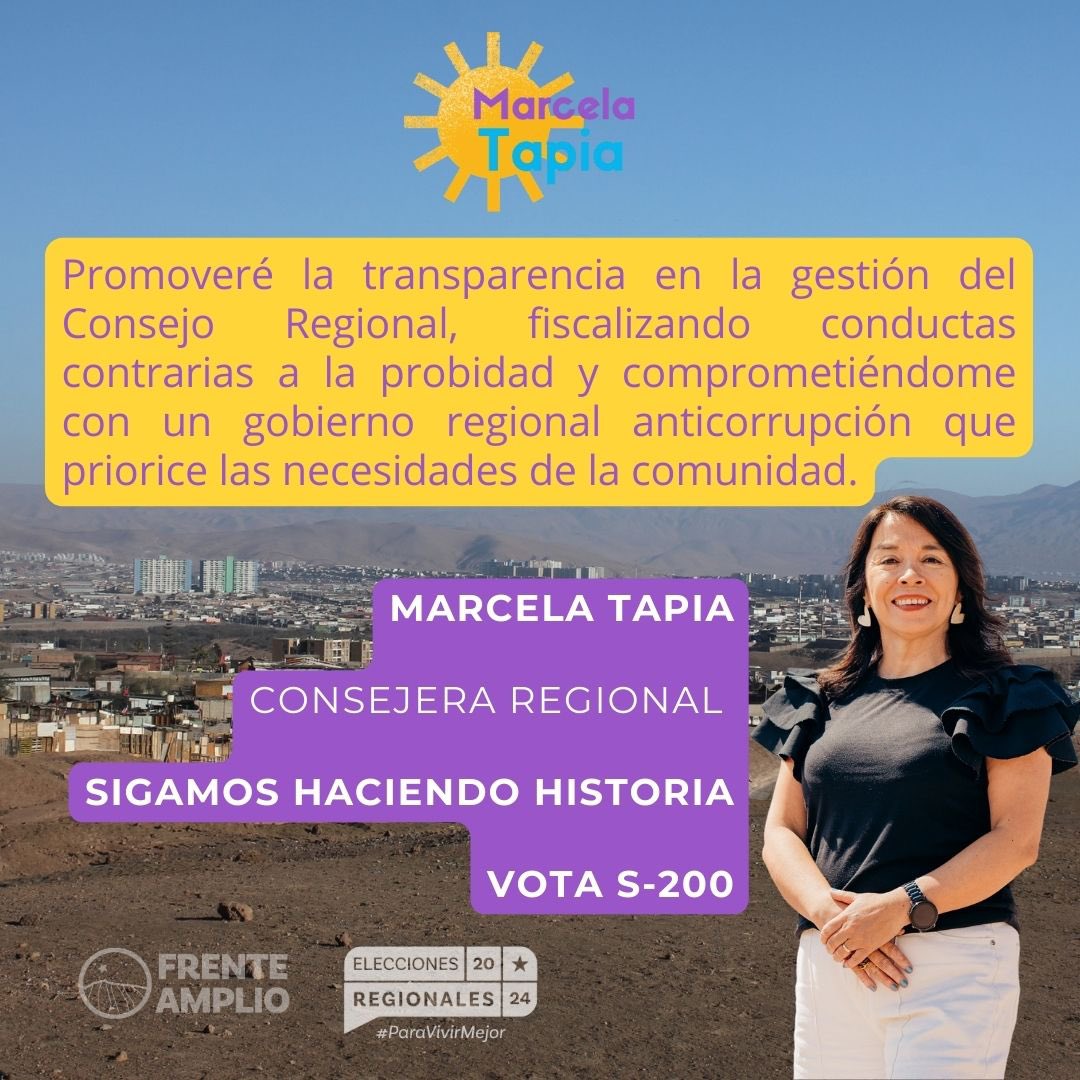 Marcela Tapia Ladino (@marcelatapialad) on Twitter photo 📌ejes de campaña
PROBIDAD Y TRANSPARENCIA:
☝🏼Un Consejo Regional transparente y que se guíe por la probidad es un piso mínimo de democracia.
Este 26 y 27 de octubre vota Marcela Tapia, vota S-200, vota para que #SigamosHaciendoHistoria 📚 
#tarapacá #iquique #AltoHospicio 📌ejes de campaña
PROBIDAD Y TRANSPARENCIA:
☝🏼Un Consejo Regional transparente y que se guíe por la probidad es un piso mínimo de democracia.
Este 26 y 27 de octubre vota Marcela Tapia, vota S-200, vota para que #SigamosHaciendoHistoria 📚 
#tarapacá #iquique #AltoHospicio