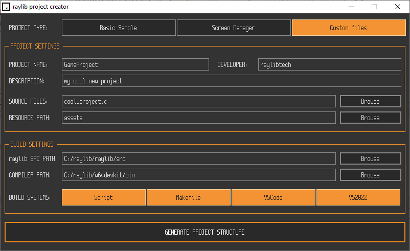 raysan5's tweet image. new weekend project: a raylib projects structure generator. Just providing a single source file (or multiple), a full structure is generated, multi-platform, ready to upload to GitHub (and including GitHub Actions). Setting up your raylib projects shouldn't be a pain any more. 🚀