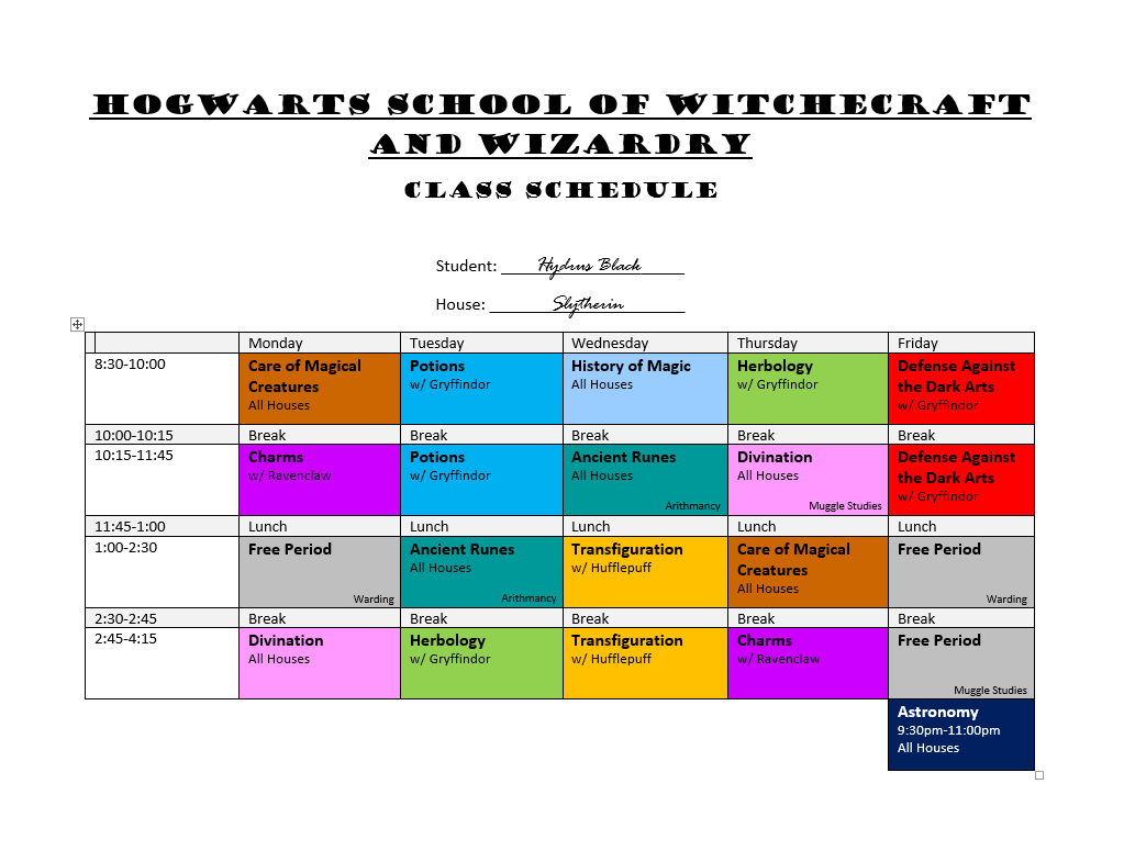 NadmiWrites's tweet photo. Hydrus' 3rd year school schedule. 
I only took the main cast into account when I created this so we're going to forget other years and houses exist.

Chapter 8 of Children of the Moonlit Night will be up at 3pm today.
#HarryPotter #harrypotterfanfiction #fanfiction #CotMN https://t.co/X7fqjAlW8l