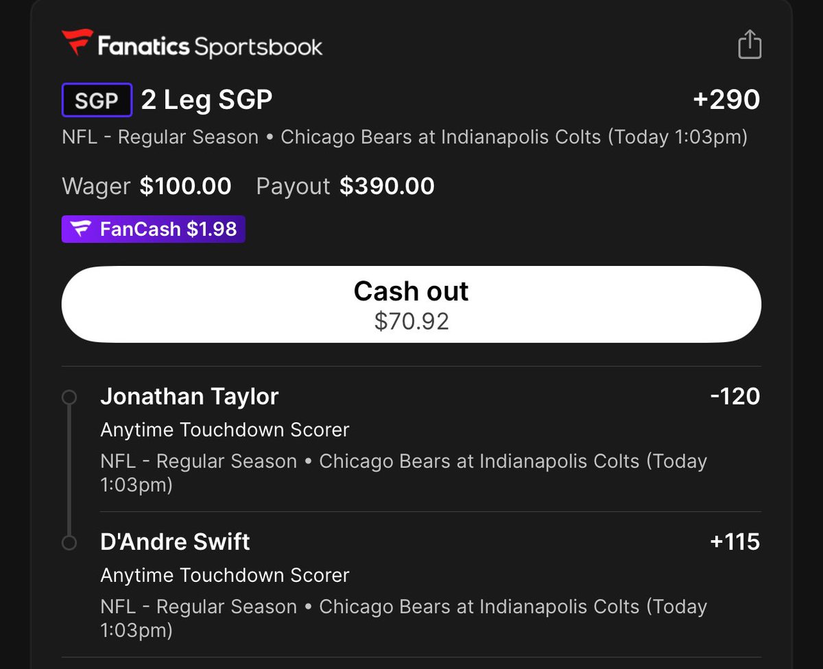 PlayTheDips's tweet photo. Here are some of our plays for today.   Happy NFL Sunday, everyone!  #NFLBets #ColtsvsBears #AnytimeTDParlays https://t.co/vZJhe4oyqu