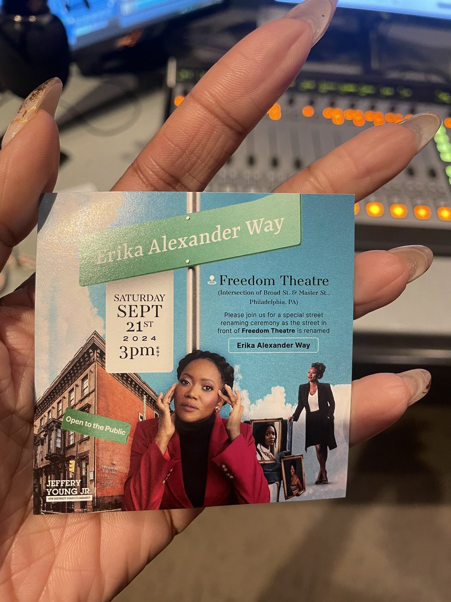 cherrigregg's tweet photo. Got to meet @EAlexTheGreat this week at @whyy ! She’s not only accomplished, but so cool and filled w positive energy and light.
Congratulations on your street renaming. Check out Erika Alexander Way on Master St near #FreedomTheater! A true Philly honor. #philly #arts https://t.co/TMKMx0fqcA