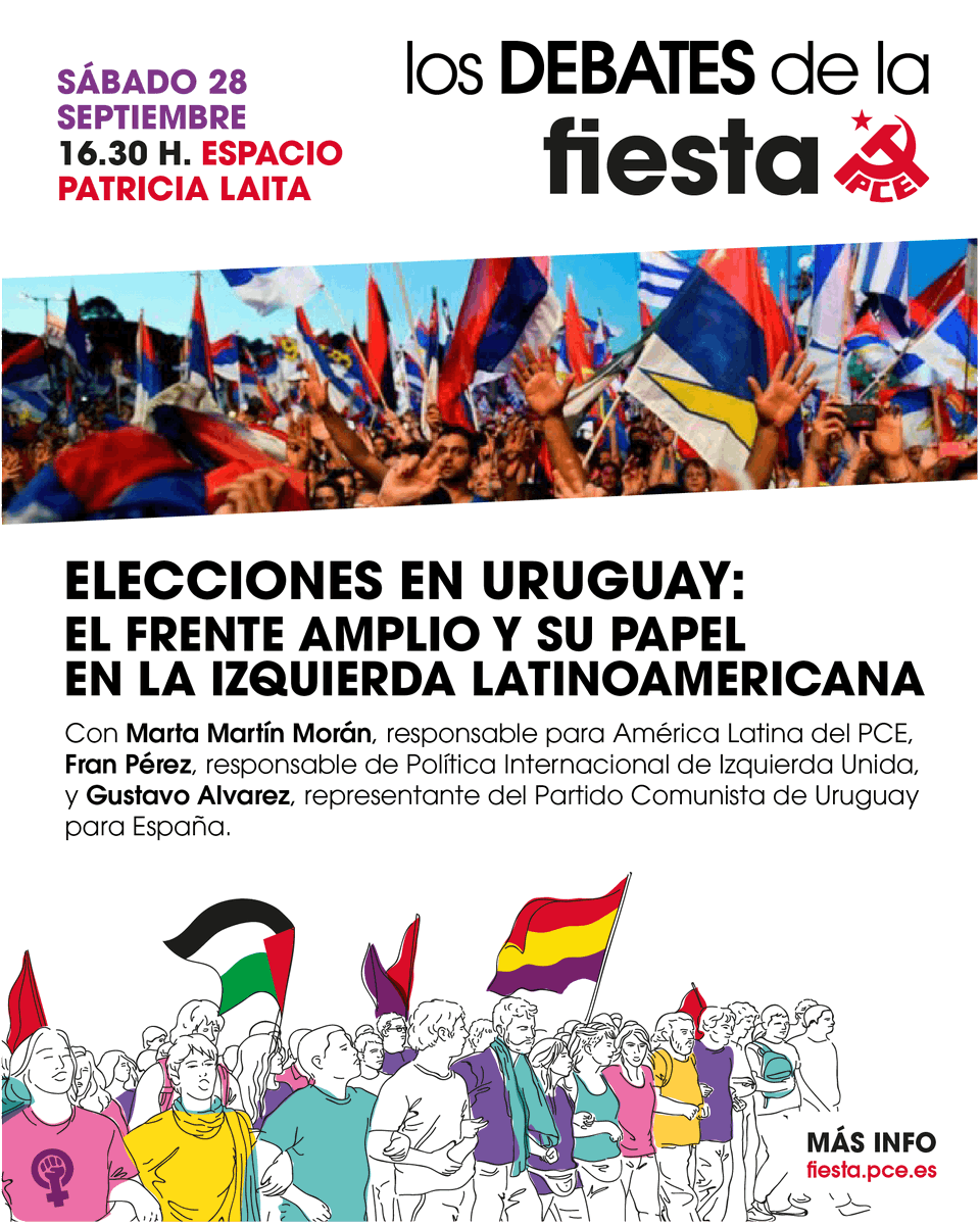 fiestaPCE's tweet photo. 🙋‍♀️ Sábado 28 - 16.30 h. en la #FiestaPCE2024🟥🎉✊

🇺🇾🗳️ Elecciones en #Uruguay: el @Frente_Amplio  y su papel en la izquierda latinoamericana.

@MartaMartnMorn / @FranPerezIU / @gustyea66 

¡No te lo pierdas! Más en https://t.co/KRrPjnps8v https://t.co/f816XMwUm1