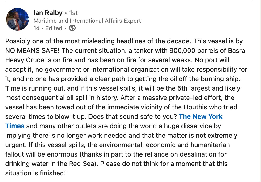 According to <a href="/ImRalby/">Ian Ralby</a>, who has been directly involved in efforts to salvage the Sounion, the vessel remains not safe, and the threat of an oil spill is still very real. No government in the region is willing to step in and help prevent the looming disaster in the #RedSea