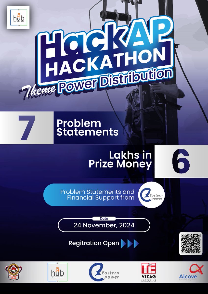 TiEVizag's tweet image. HackAP Hackathon on Power Distribution

⚡️ Hack the future of power distribution! 
🏆 ₹6 lakhs prize money
🗓️ Nov 24, 2024
📍 ā hub, Andhra University

Register: forms.gle/uXr4ujVdPKSzb1…
@ahub1199375

#HackAP #PowerDistribution #Innovation