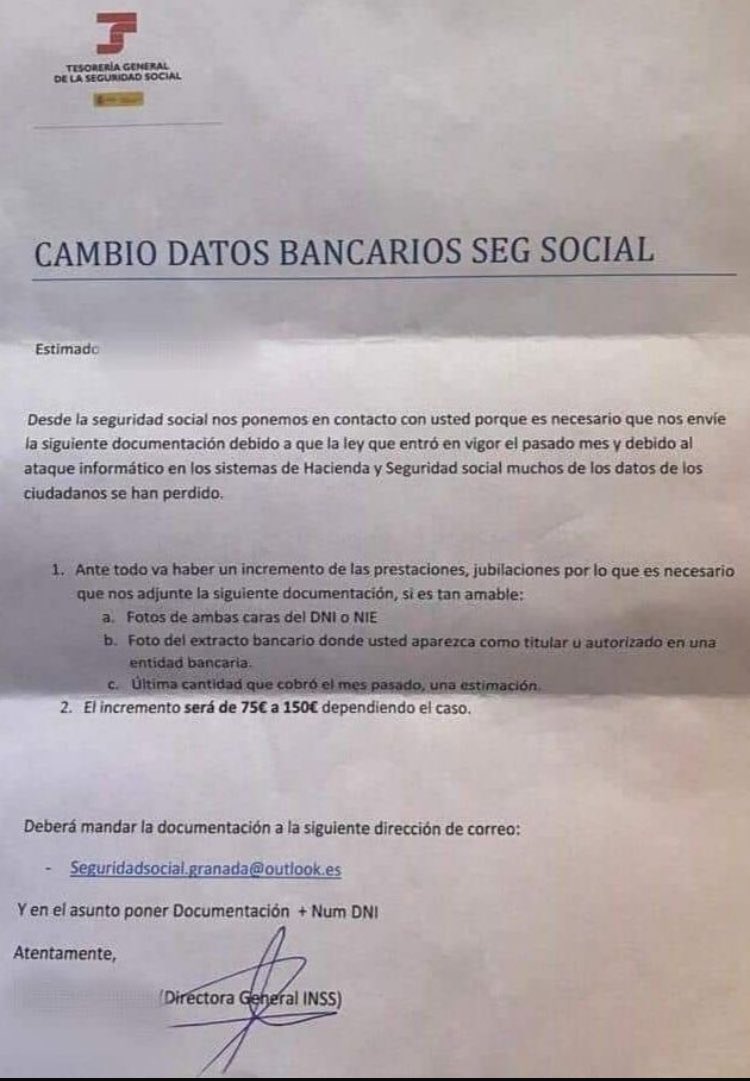 ‼️ATENCIÓ FRAU‼️
El meu pare,88 anys ha rebut aquesta carta suposadament dla “Seguritat Social”on li comuniquen “augment d pensió”
Demanen
1-Fotocopia DNI dues cares
2-Extracte bancari on sigui titular/autoritzat
3- Ultima quantitat cobrada
Sort q els tinc avisats
<a href="/mossos/">Mossos</a>