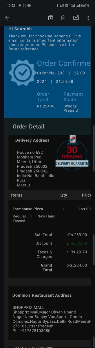 NeelSaurabh's tweet photo. @dominos_india @dominos 
My order is not delivered in 30 Min can you provide refund for the same 

Account associated with 8475928681 https://t.co/RZ4c0H4qsC