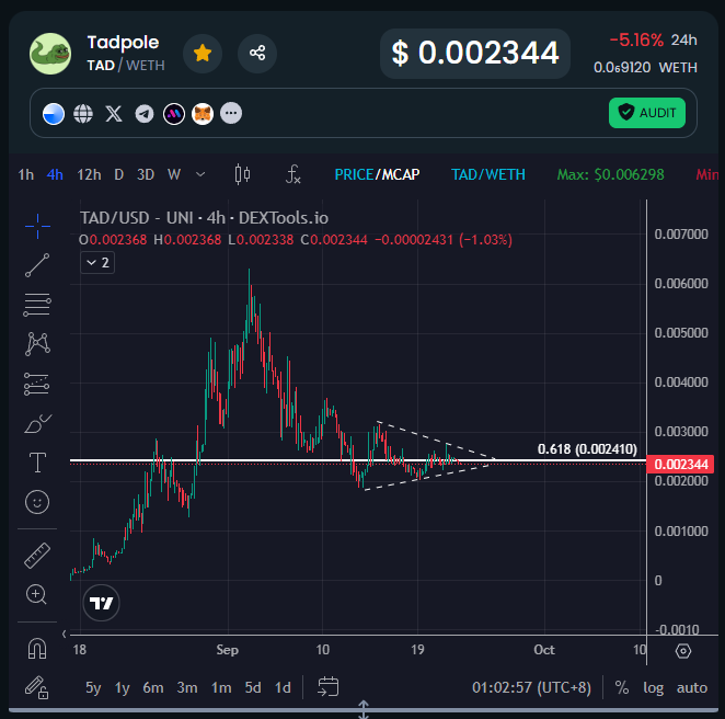 gem_insider's tweet photo. $TAD chart update.  🔖

It's actually taking longer than expected but seeing this beautiful accumulation triangle here for $TAD @tadpolebase. 

Higher lows forming in this crucial support level $TAD looks primed for an explosive pump.

What do you guys think? https://t.co/d6dNJLlvyI