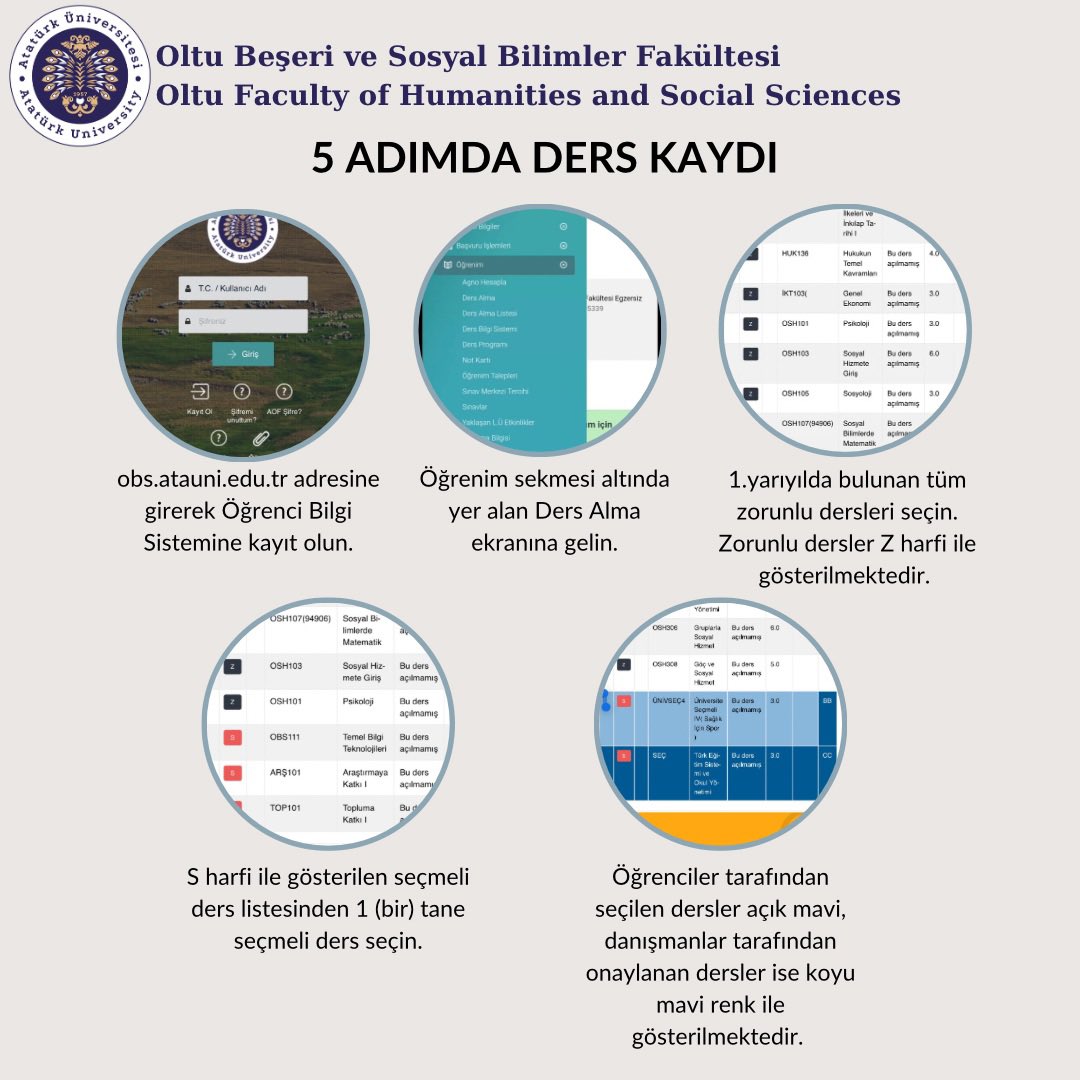 ✨Yeni başlayanlar için ders kaydı rehberi 📚

Sevgili öğrencilerimiz, 1. Sınıflar için ders kaydının nasıl yapılacağı görselleştirilmiştir.
Ders seçimleri 23 Eylül (Yarın) tarihinde başlayacaktır. 
1. Sınıfların da ders kayıtlarını tamamlaması gerekmektedir.