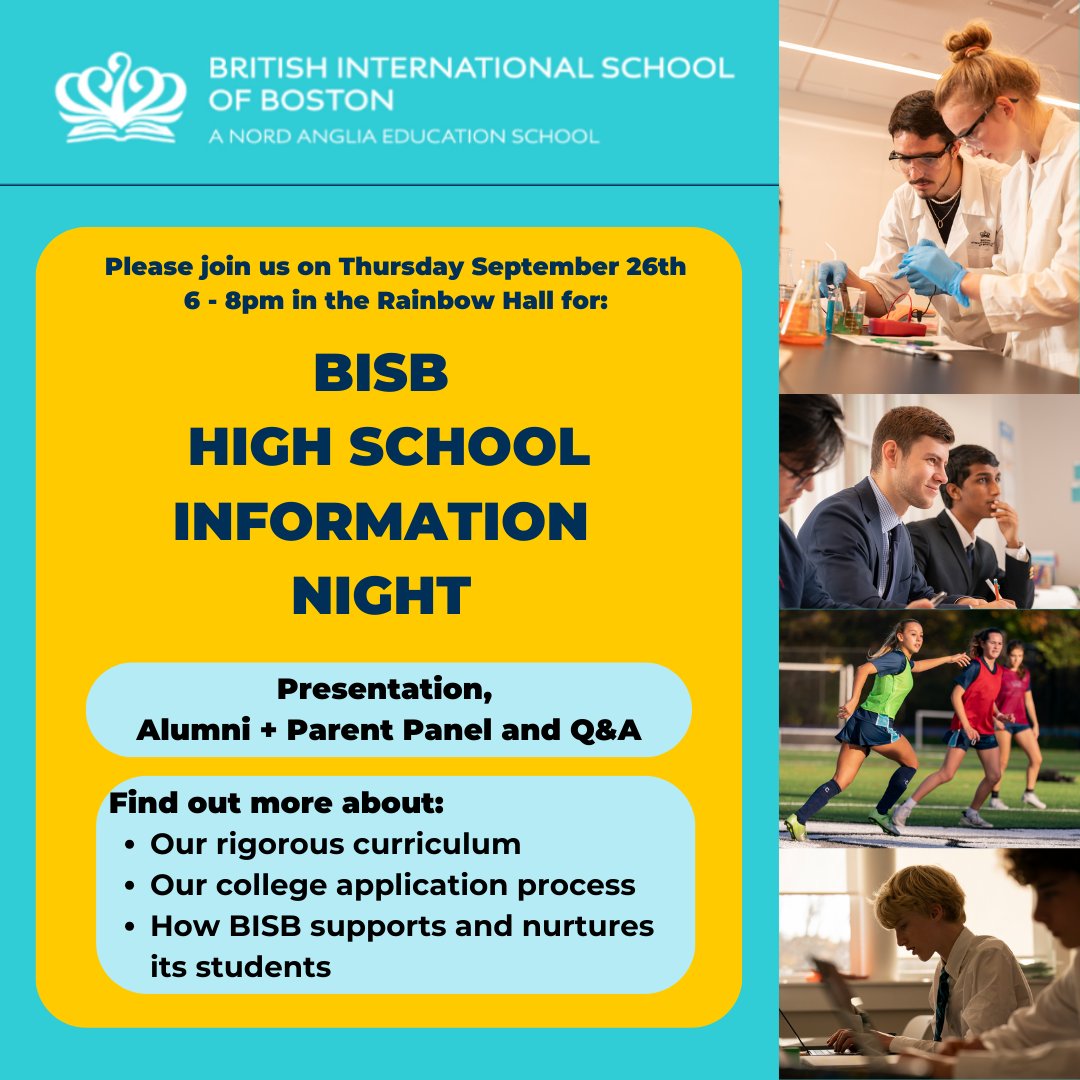 BISB_School's tweet image. Year 6, 7, 8 & 9 families - join us on Thursday (9/26) from 6-8 pm in the Rainbow Hall to learn more about our High School. There will be a short presentation followed by a Q+A session with our staff, parent and alumni panel.
RSVP: ow.ly/omnq50TszSN