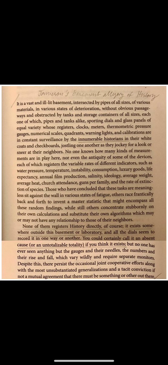 Not anywhere near his most famous passages but I think about this but from Jameson all the time. Now we are alone in the basement