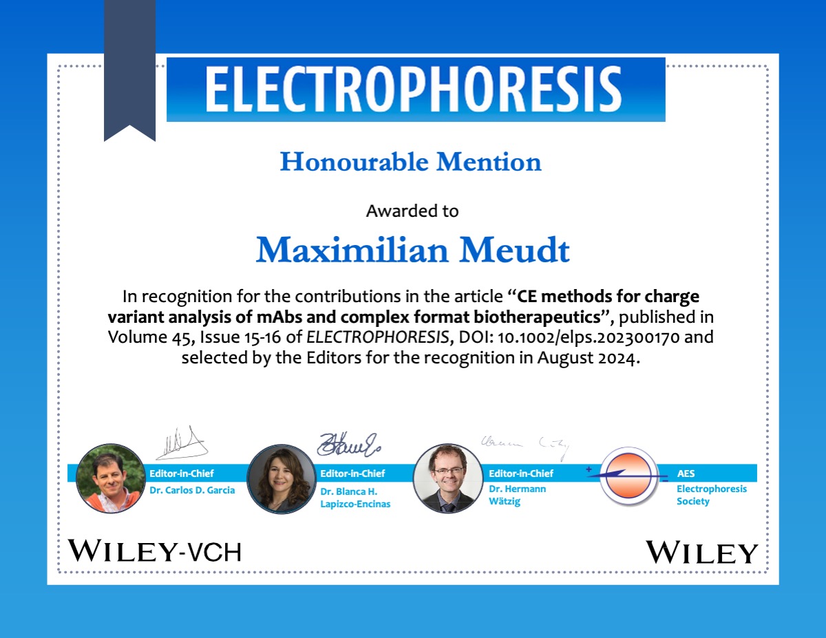 In collaboration with <a href="/AESelectro/">AES Electrophoresis Society</a>, it's a pleasure to announce the recipients of the Student Paper Awards for the month of Austin S. Abrams (doi.org/10.1002/elps.2…) Maximilian Meudt (doi.org/10.1002/elps.2…) ! Check out these great papers!