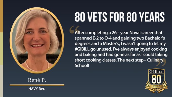 MDVAHCS's tweet image. After completing a 26+ year Naval career, two Bachelor’s degrees &amp;amp; a Master’s [degree], Rene wasn’t going to let her #GIBill go unused. Her prior degrees allowed her to earn a second degree in Hospitality &amp;amp; Tourism. #VeteranSuccess #80Vetsfor80Years #IUsedMyGIBill