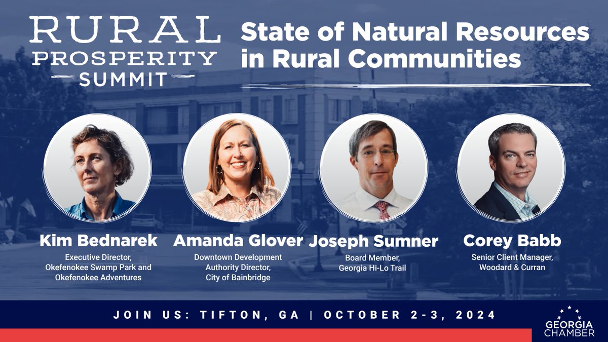 GAChamber's tweet photo. Join us October 2-3 for the 2024 #GAChamber Rural Prosperity Summit and learn how natural resources shape the future of rural Georgia and drive economic growth during our panel, "State of Natural Resources in Rural Communities." #RPS24

REGISTER HERE: https://t.co/yT3NP55ZVH https://t.co/7qHXrIvZP6