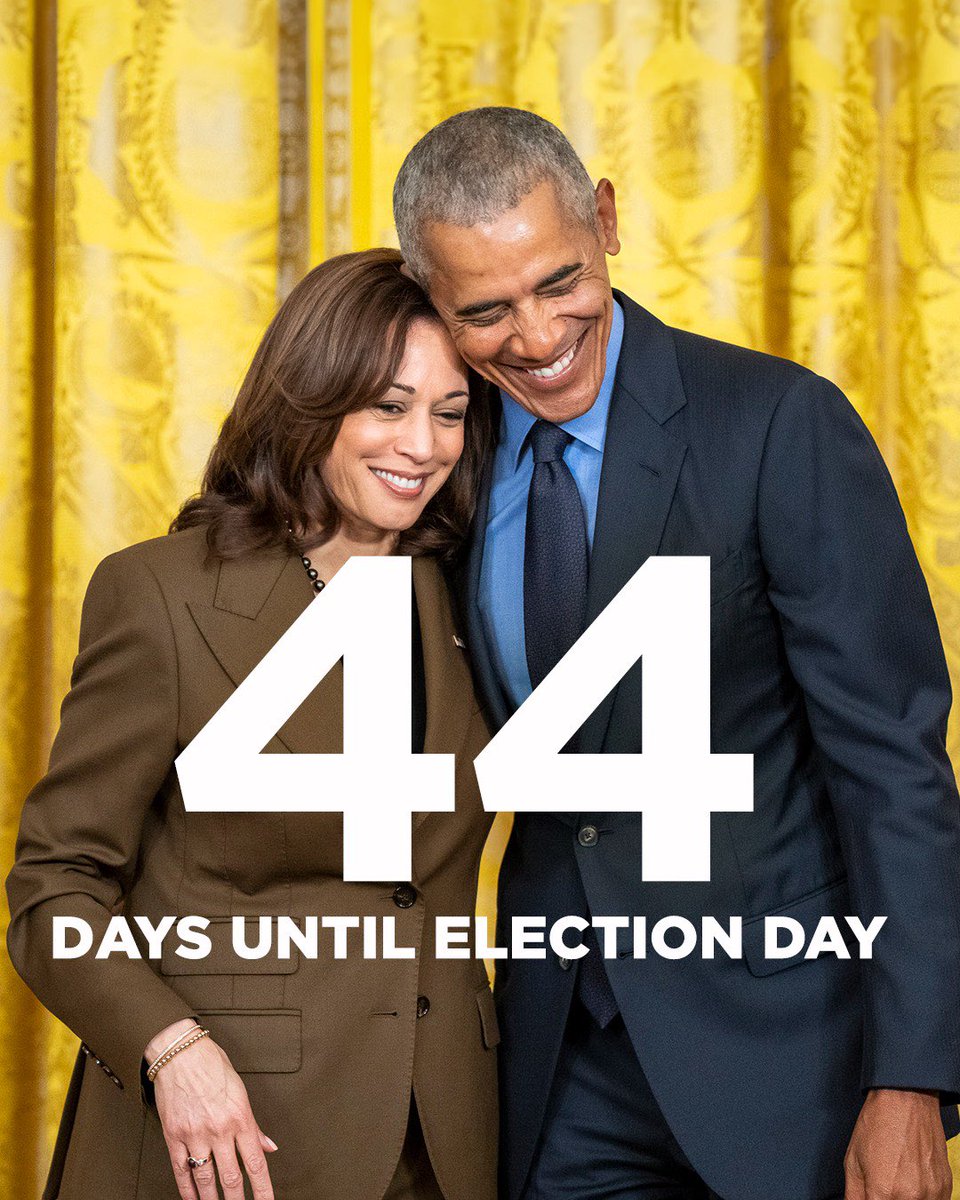 Barack Obama (@barackobama) on Twitter photo 44 days.
Thatās all the time we have left until Election Day.
<a href="/KamalaHarris/">Kamala Harris</a> has the vision, strength, and compassion to lead this country forward. Make your voice heardāmake a plan to vote early, vote by mail, or head to the polls. go.kamalaharris.com 44 days.
Thatās all the time we have left until Election Day.
<a href="/KamalaHarris/">Kamala Harris</a> has the vision, strength, and compassion to lead this country forward. Make your voice heardāmake a plan to vote early, vote by mail, or head to the polls. go.kamalaharris.com