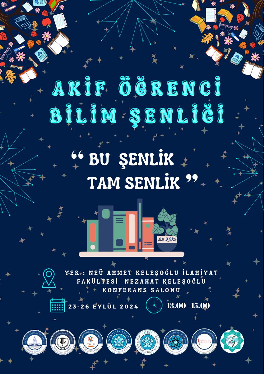 🥳 Akif Öğrenci Bilim Şenliği pazartesi günü itibarıyla Ahmet Keleşoğlu İlahiyat Fakültesi Nezahat Keleşoğlu Konferans Salonunda başlıyor.
✨ Bilgi ve eğlencenin bir araya geldiği şenliğimiz 4 gün boyunca devam edecek.
🎈Standımıza uğramayı unutmayın.