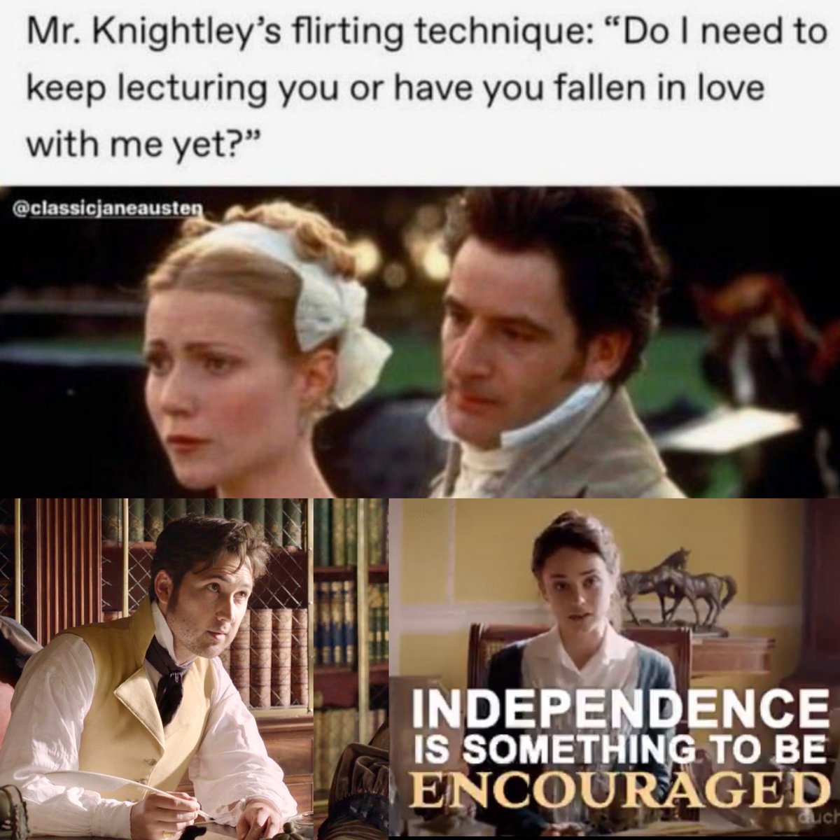 SelflessLuvWins's tweet photo. Mr Knightley’s flirting technique à la Miss Heywood:
“Do I need to keep lecturing you, or have you fallen in love with me yet?”
#Sanditon #CharlotteHeywood #Emma #Knightley #ClassicJaneAusten https://t.co/cYahbsbaeH