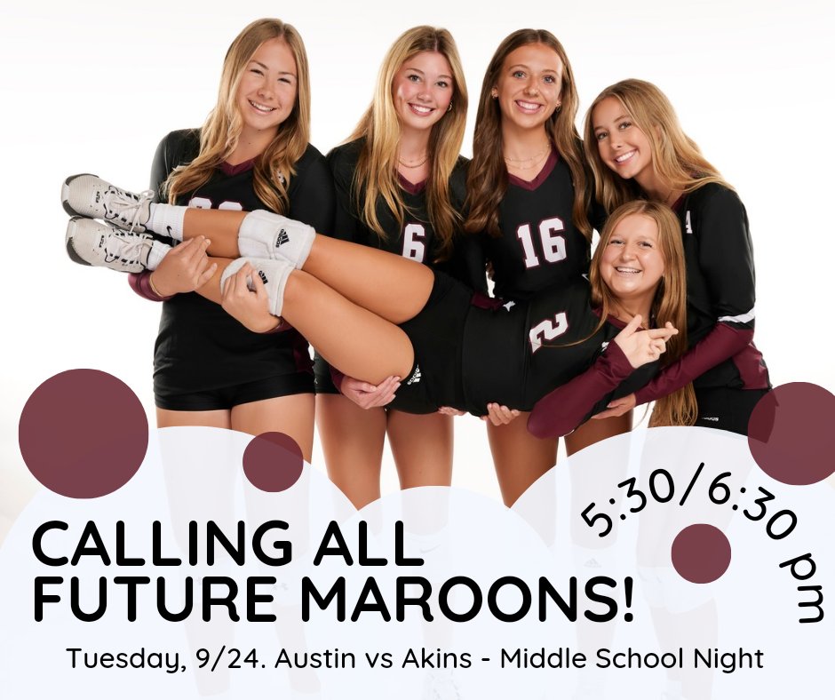 AustinHighVball's tweet photo. Attention all FUTURE MAROONS... we would love to see you at Austin High this Tuesday for our middle school night. Spread the word! #FutureMaroons
@Ohenryms @ClintSmallBand
#GoMaroons #LoyalForever #ahsvball #txhsvb #volleyball https://t.co/AvbXJpbLEM