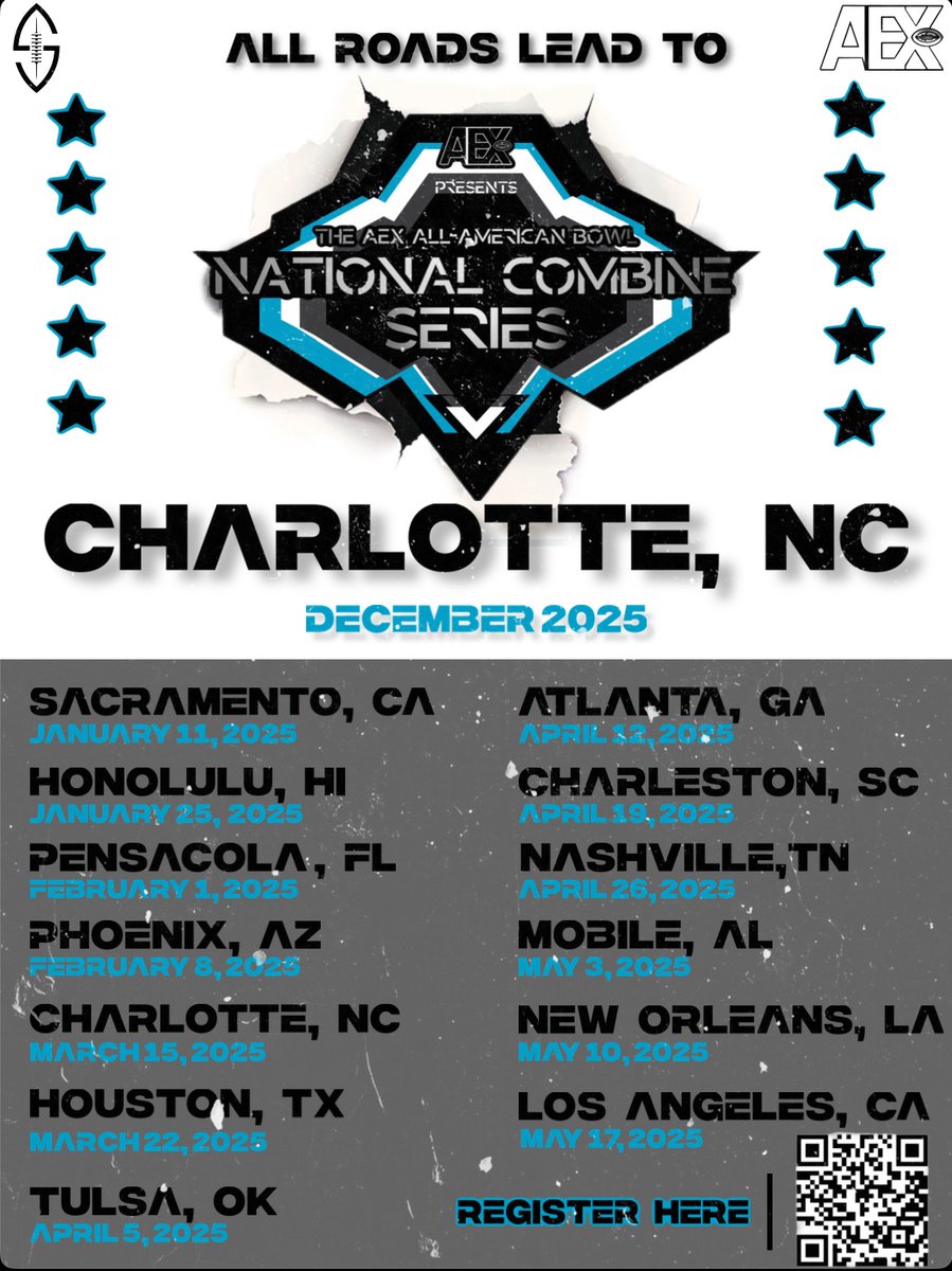 @Brandon98724102 YOU’RE INVITED THE AEX NATIONAL COMBINE SERIES.  ALL CLASS OF 2026 THRU 2028. COME TO BE COMPETITIVE, SHOW LEADERSHIP, HAVE INTEGRITY AND TEAMWORK! 🏈🏈
REGISTER NOW ON sacfootballshowcase.com/camps