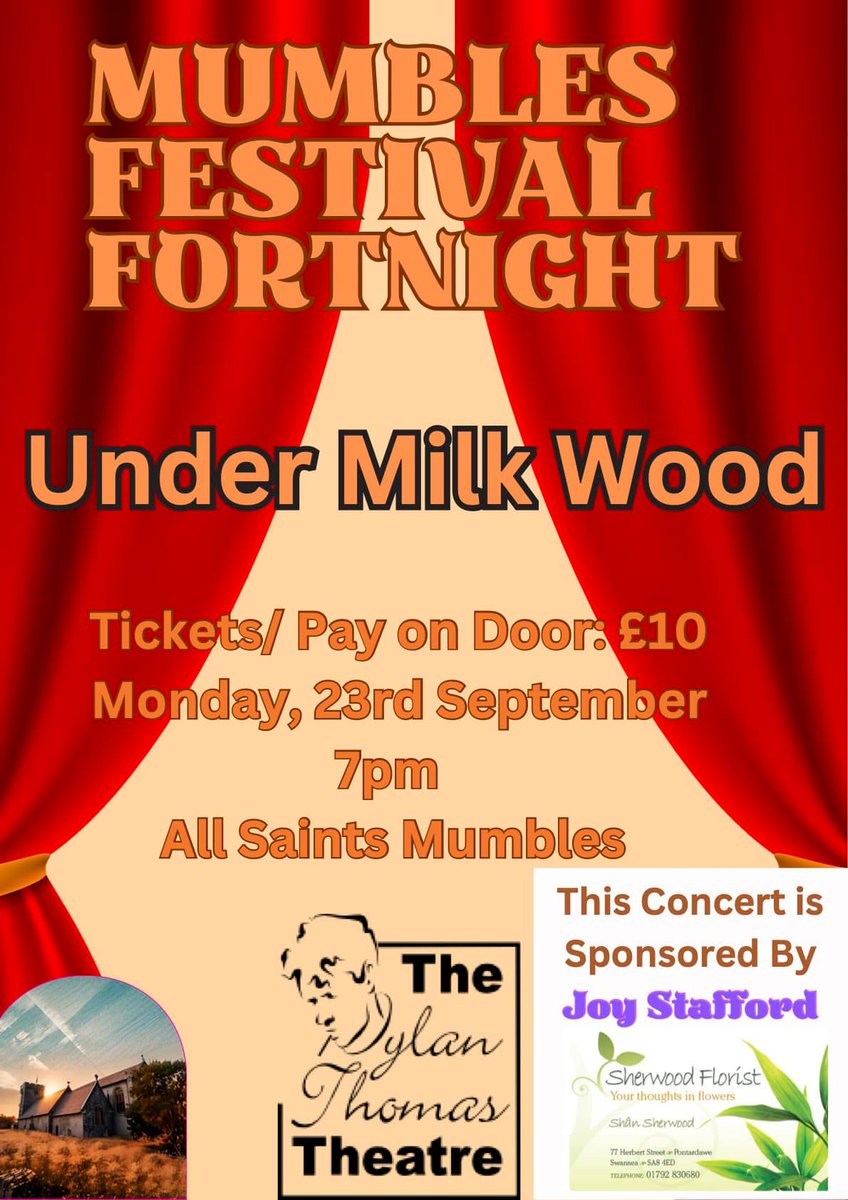 Tomorrow evening at 7pm, &amp; as part of Mumbles Festival Fortnight, members from Swansea Little Theatre Co. (including me) will be performing an abridged version of Under Milk Wood at All Saints Church in Mumbles, Swansea Bay.
Tickets are £10 and will be available 'at the door'.😀