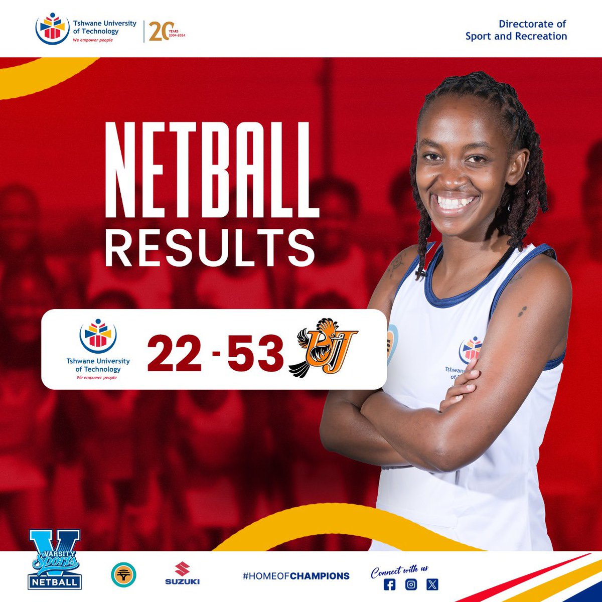 Sport_TUT's tweet photo. Round 6 Results |𝐕𝐚𝐫𝐬𝐢𝐭𝐲 𝐍𝐞𝐭𝐛𝐚𝐥𝐥 𝟐𝟎𝟐𝟒

An improvement on TUT side as they dominated the 3rd quarter. TUT 22* - 53 UJ

*TUT received a 10 goal deduction for a transformation transgression 

#showyourcolours  #VaristyNetball #TUTNetball #SayNoToGenderBasedViolence https://t.co/rf9YJMFF2A