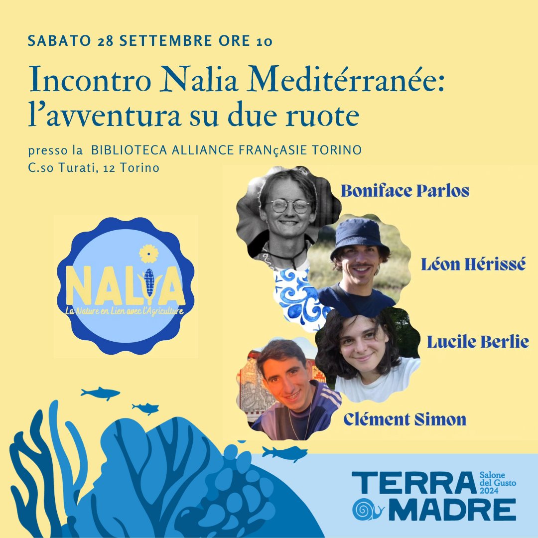 🚴‍♀️🌍 Nalia Méditerranée: l'avventura su due ruote! 
Il 28/9 alle ore 10.00, nella nostra Biblioteca, Lucile, Boniface, Léon &amp; Clément ci racconteranno la loro straordinaria avventura: 5000 km in 6 mesi di viaggio in bicicletta sulle rive del Mediterraneo alliancefrto.it/evenement/terr…