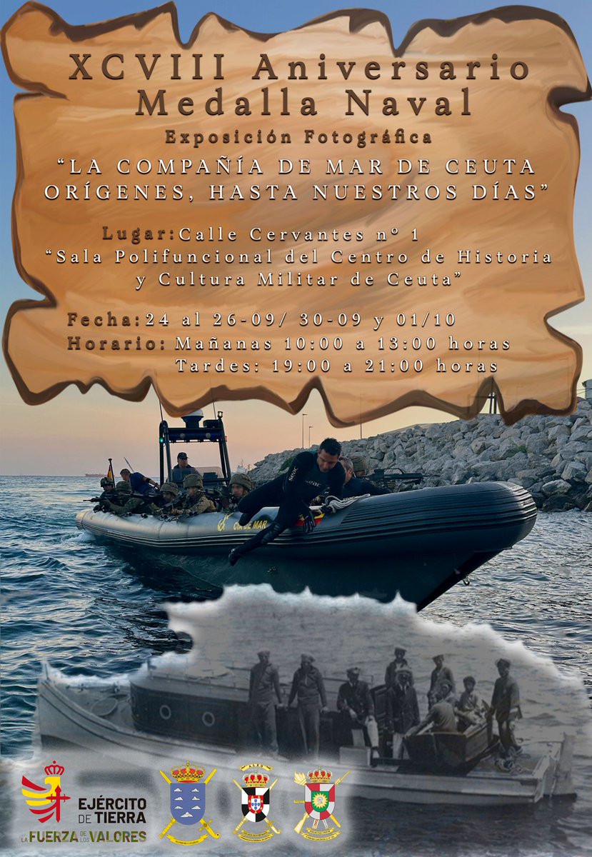 COMGECEU_ET's tweet photo. Con ocasión del XCVIII Aniversario de la Concesión de la Medalla Naval, la #ULOG23 de #COMGECEU ha organizado una exposición fotográfica en la sala polifuncional del Centro de Historia y Cultura Militar de Ceuta. Detalles en la 📷 
@IHyCM_ET
@MCANA_ET 
@EjercitoTierra https://t.co/BKGPksBa2j