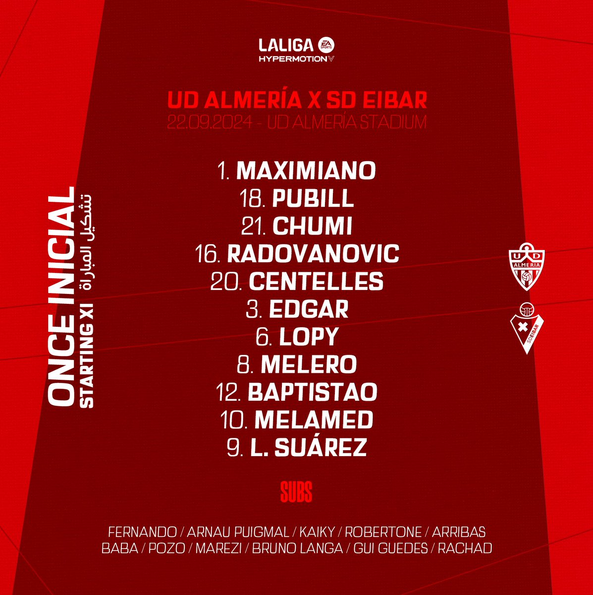U_D_Almeria's tweet image. 📋 Estos son los XI elegidos por Rubi para saltar de inicio en el #AlmeríaEibar

#️⃣ #vamosalmería | ⚽️ #AlmeríaEibar | 📻 #UDAradio