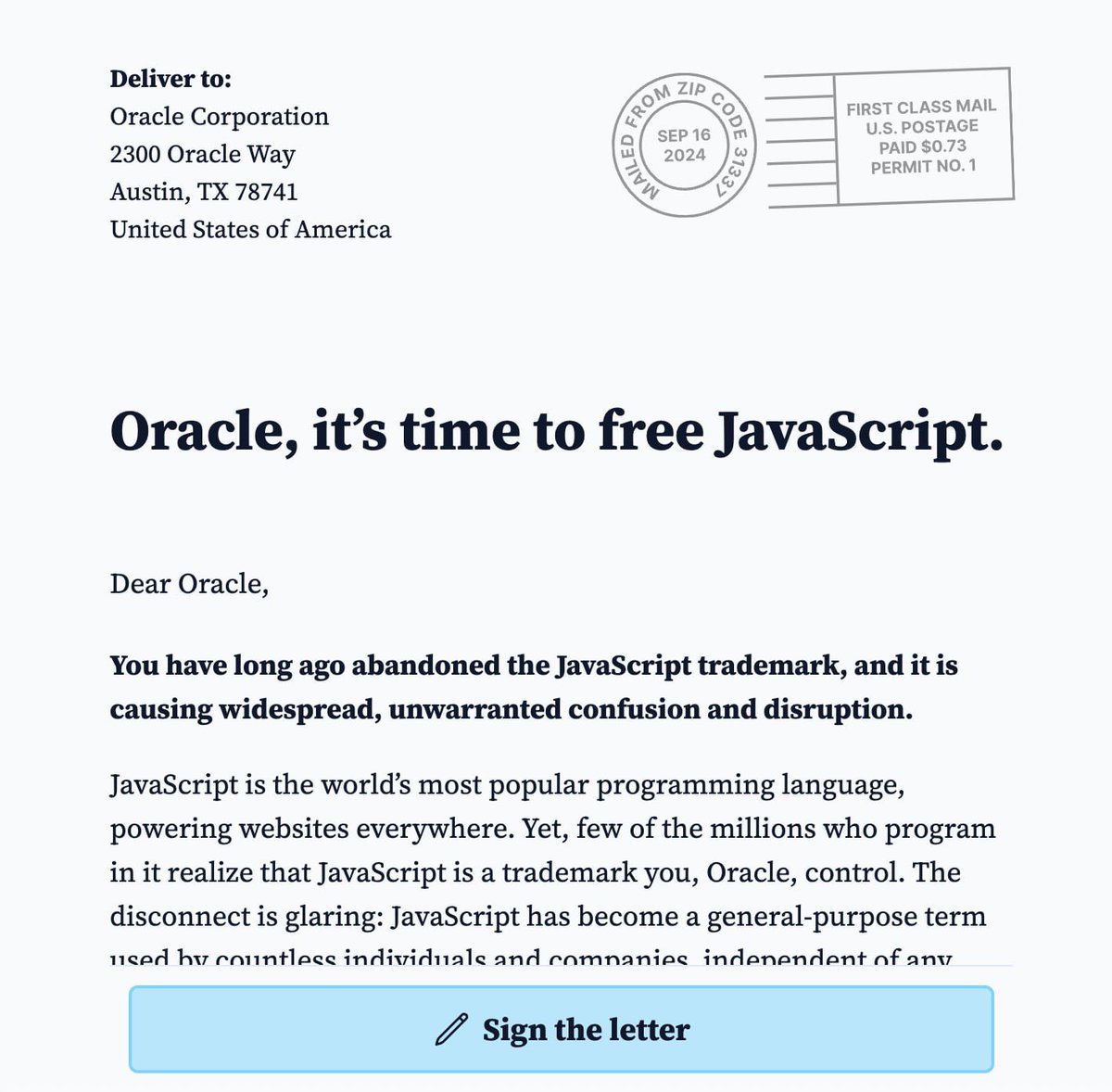 ZayMMMyint's tweet image. While I may not be a fan of JavaScript, I see the value in its freedom.
Dear Oracle, it’s time to free JavaScript! 🔥
Sign the open letter and be part of the movement.
javascript.tm
#FreeJavaScript #DeveloperCommunity