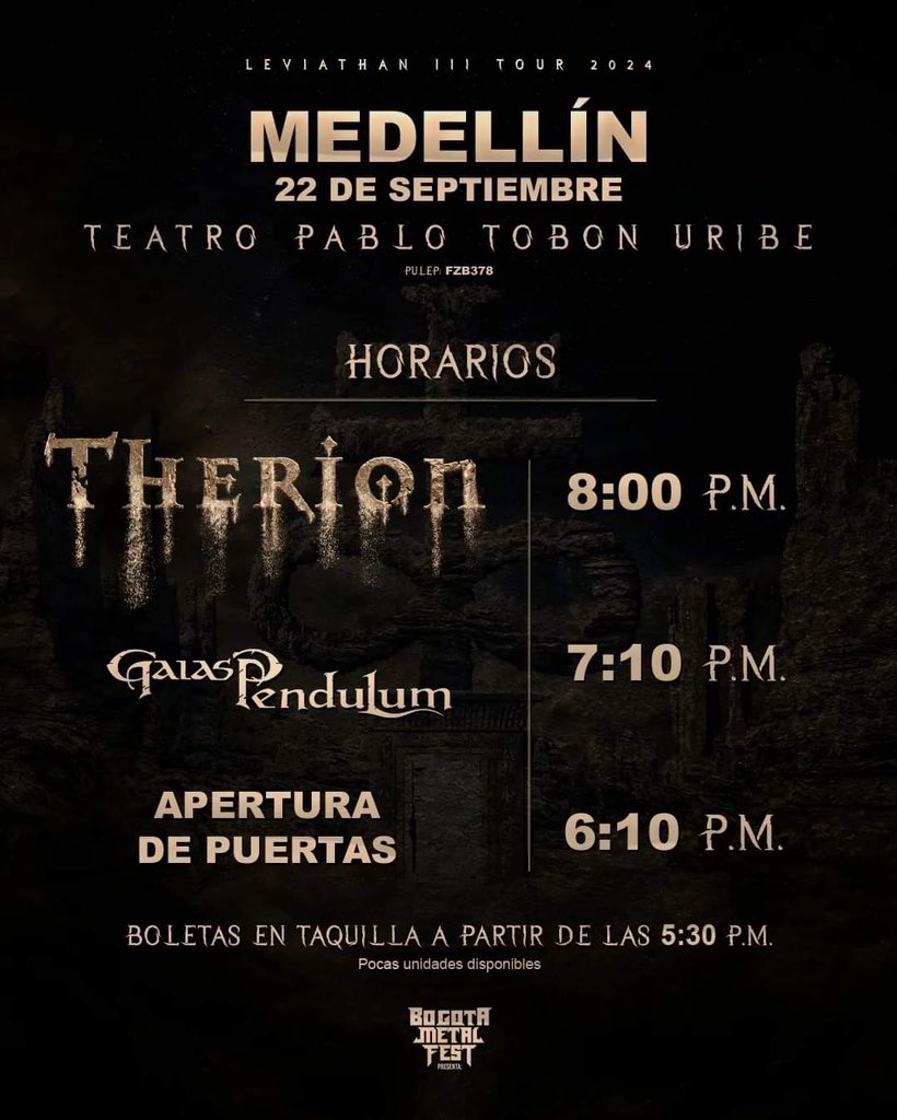 Horarios para hoy, <a href="/_Therion/">Therion</a> en Medellín con la apertura de <a href="/GaiasPendulum/">Gaias Pendulum ®️</a> / <a href="/Teatropablot/">Teatro Pablo Tobón Uribe</a>