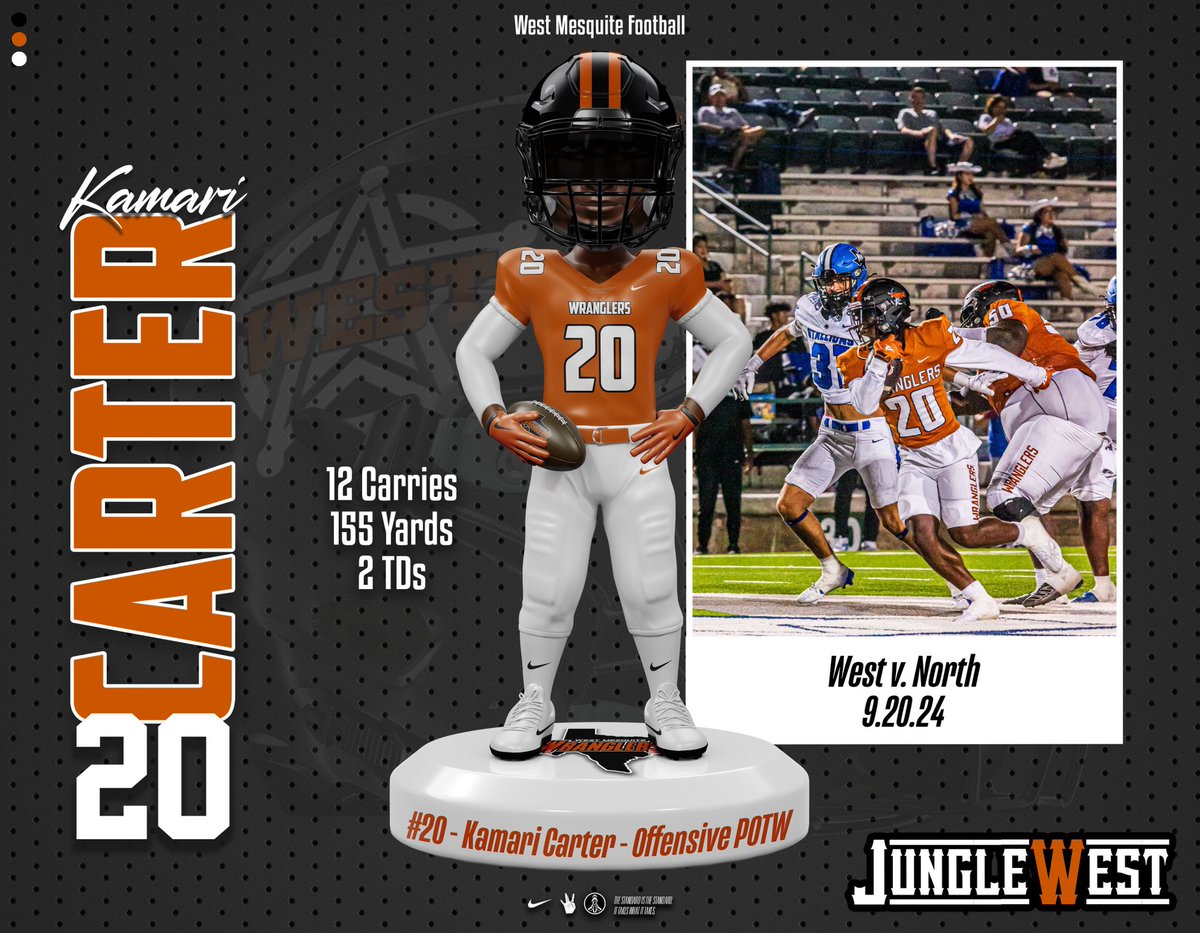 🏆 Major love to our Offensive POTW for the Week 4 contest against North Mesquite, <a href="/Mari_0313_/">Kamari Carter</a>! 🏆

📸: <a href="/Shotby_tato/">Tatum Fontenot</a> 

#WestSideStandard | #ITWIT | #JungleWest🌴
