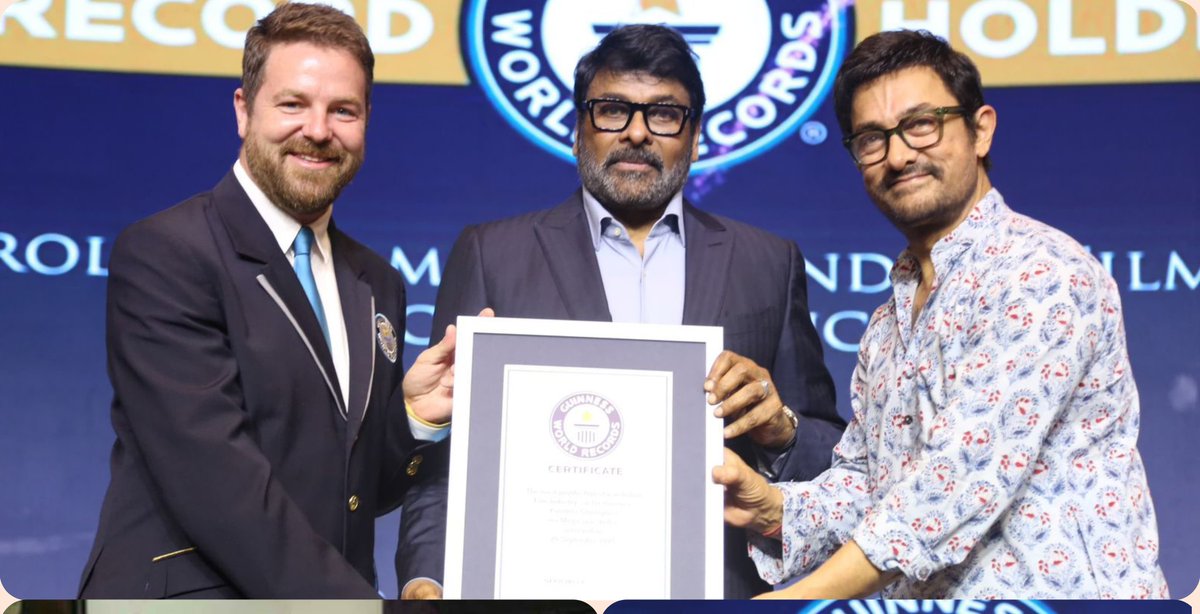 AbdulRa90282845's tweet photo. A historic moment for Indian cinema! Megastar @KChiruTweets Garu is honored with the #MegaGuinnessRecord for his incredible dance legacy.
Superstar
#AamirKhan by his side, this legendary achievement will inspire generations to come!
#GuinnessRecordForMEGASTAR https://t.co/0fGCfYVMRM