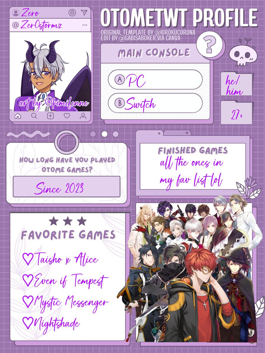 Zer0stormz's tweet photo. Finally made an #otometwtintro!! I'm still pretty new to otome, I've only played 4 so far (didn't stop me from filling up the character section hehe) but I love them lots and interacting with the community!! 💜 Would love more friends to chat about otome and other stuff with ☺️💜 https://t.co/T3q17sGQ43