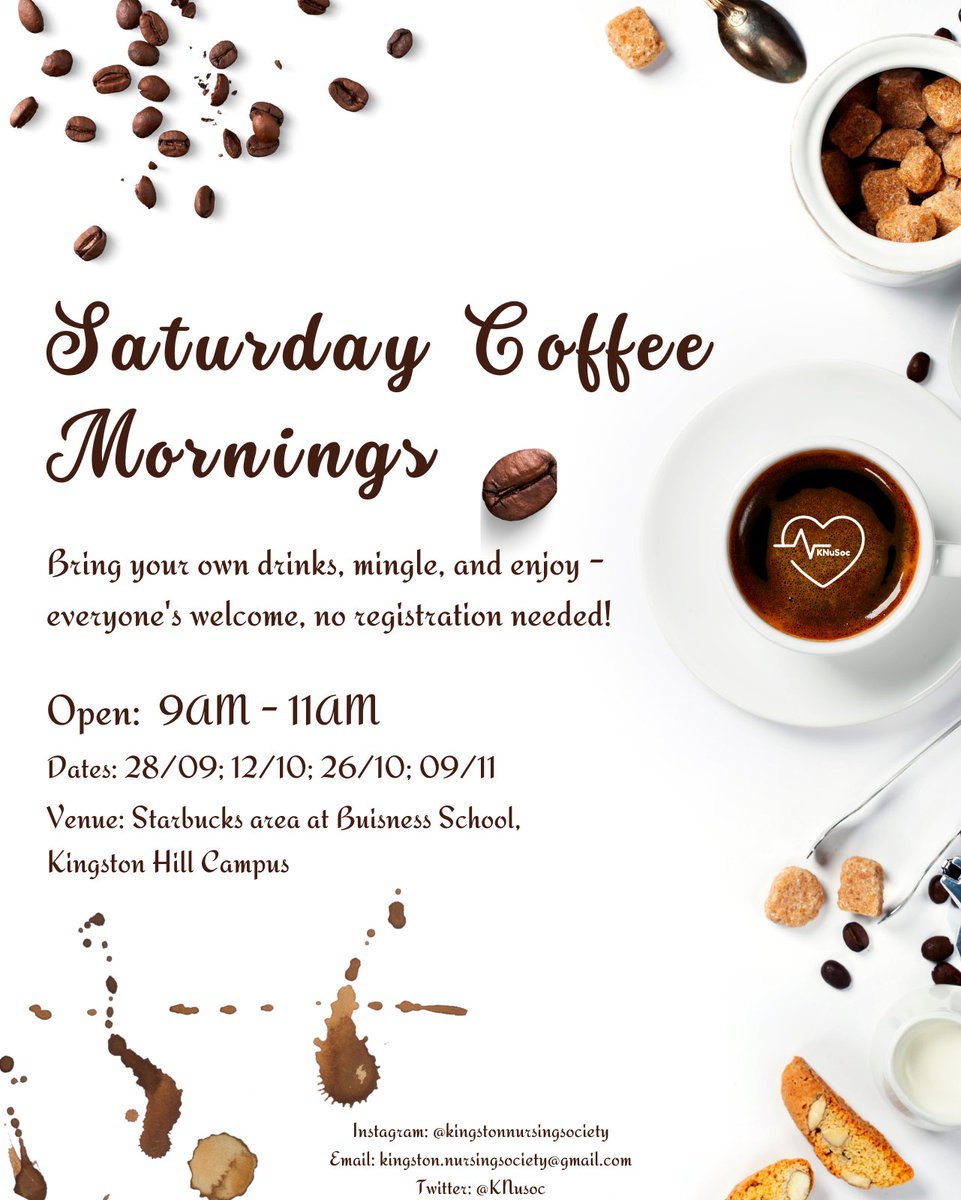 KNuSoc's tweet photo. Join us for Saturday Coffee Mornings! ☕
Bring your own drinks, chat, and relax with friends at Kingston Hill Campus. No registration needed, everyone’s welcome! 
🗓️ 9AM-11AM on select dates. Let’s make your Saturday mornings better together! https://t.co/ZABhCkVx97