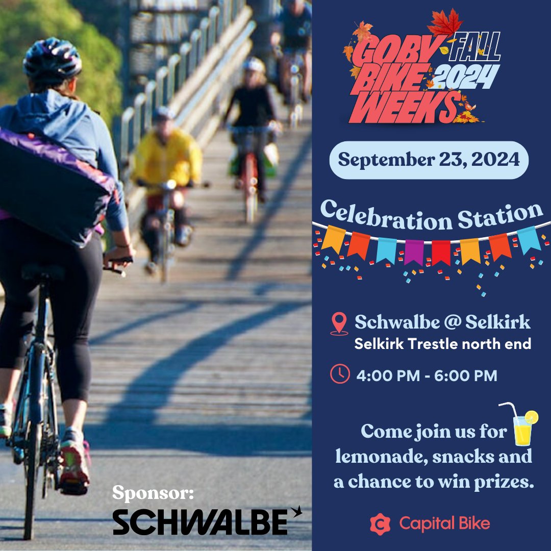 CapitalBikeCa's tweet photo. 🚴♀️2024 Fall #GoByBikeYYJ starts Monday, September 23! 🚴♂️
Join us at our first Celebration Station from 4-6pm at the North end of the Selkirk Trestle!
Thank you to our sponsor Schwalbe, who is launching a Tube Recycling Program at ALL Celebration Stations this Fall.
#GoByBikeWeek https://t.co/g4TeIOvmqO