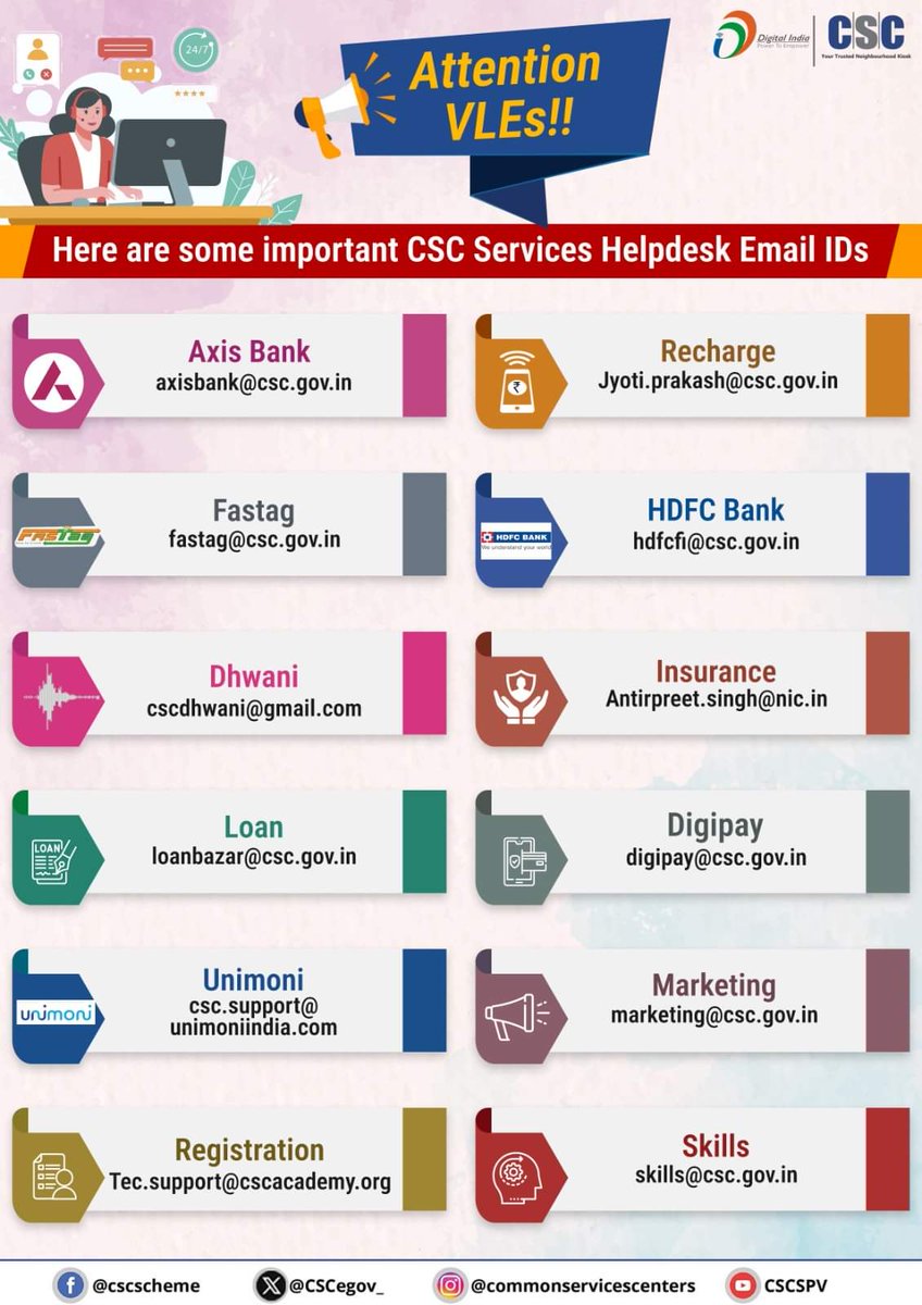 ashi_apple's tweet photo. Attention VLEs!!

Here are some important #CSC Services Helpdesk Email IDs...

If you have any queries regarding specific services, contact us using the email address provided.

@CSCegov_ @cscharyana https://t.co/J9luaPG5Ru