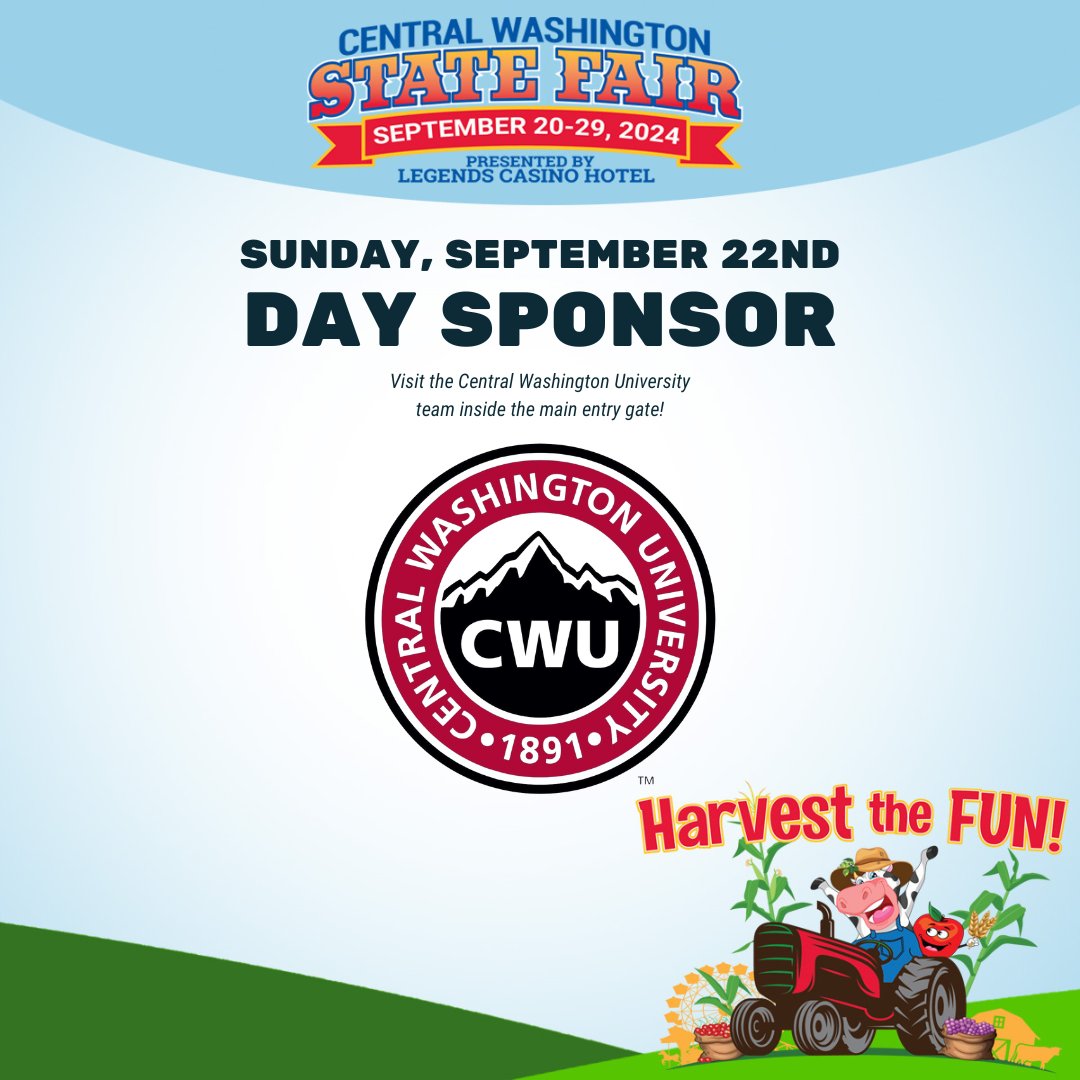 Thank you, Central Washington University for being our Day Sponsor for Sunday, September 22nd! Visit the Central Washington University team inside the main entry gate!🐾❤️

Fair Hours: Noon-10pm   |   Carnival Wristbands: $45   |   Carnival Hours: Noon-10pm