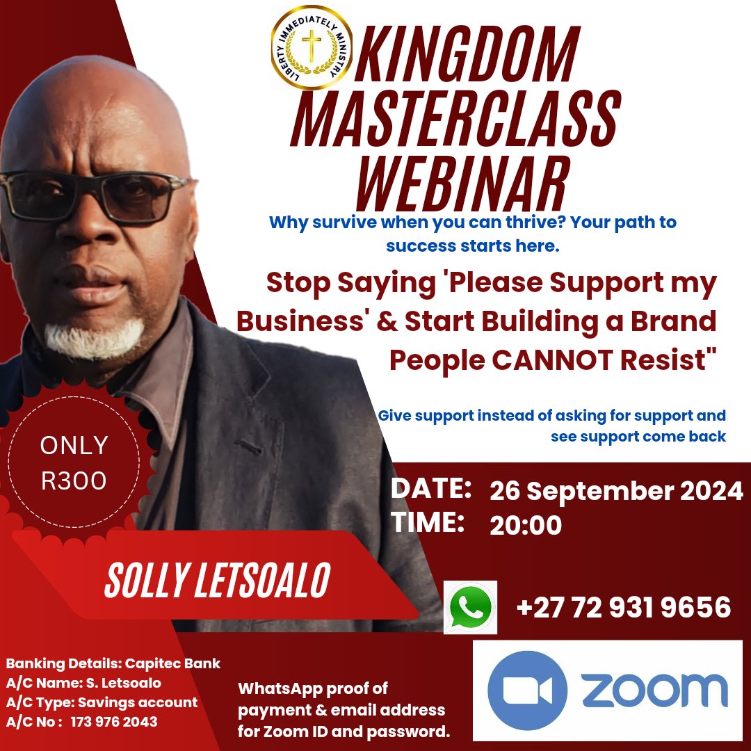 Kingdom Masterclass -  4 days to go.

Join me on the webinar as we explore the best ways of positioning yourself in business. Instead of positioning yourself as a beggar asking for support, position yourself as a giver of support and see business unfold naturally.