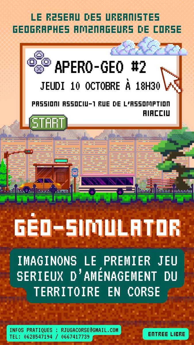 rugacorse's tweet photo. [APERO-GEO #2]

Les apéro-géo sont de retour à Aiacciu ! 

Dans une démarche pédagogique autour de l'urbanisme, venez imaginez le premier jeu sérieux d'aménagement du territoire en Corse ! 🏔👾⤵️ https://t.co/F4DuB8qbWe