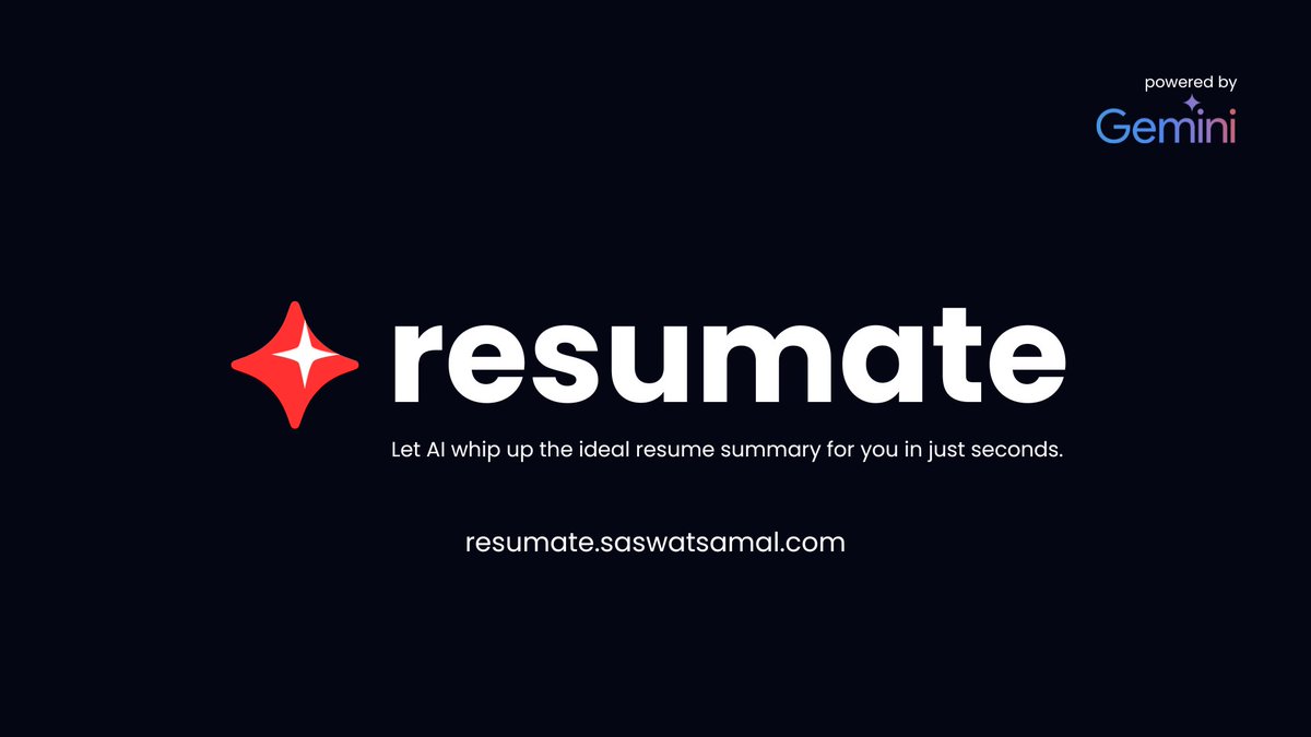 🚀 Meet Resumate – your AI-powered tool for resume optimization &amp; job search! 🌟 Summarize your resume, create profiles, and get job suggestions in just a few clicks. 💼

Start at resumate.saswatsamal.com 📄✨
🎥 Demo: youtu.be/Ma7Sy23Lnsc

#AISprint #Resumate
