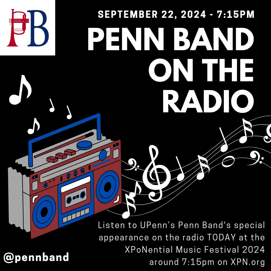 PennBand's tweet image. Tune in to listen to the Penn Band's special performance tonight at XPoNential Music Festival 2024 TONIGHT. Listen on XPN.org around 7:15pm 🎶

xpn.org/watch-live-xpn…

@xpnfm @pennathletics @pennplatthouse @pennalumni @pennperforms @uofpenn #XPNFest