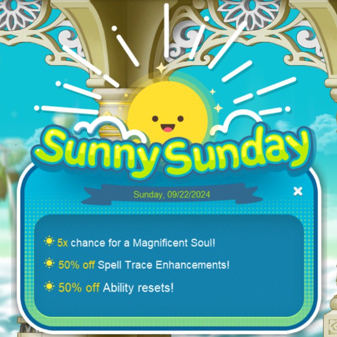 Sunny Sunday in MapleStory featuring a 5x chance for a Magnificent Soul, 50% off Spell Trace Enhancements, and 50% off Ability resets.