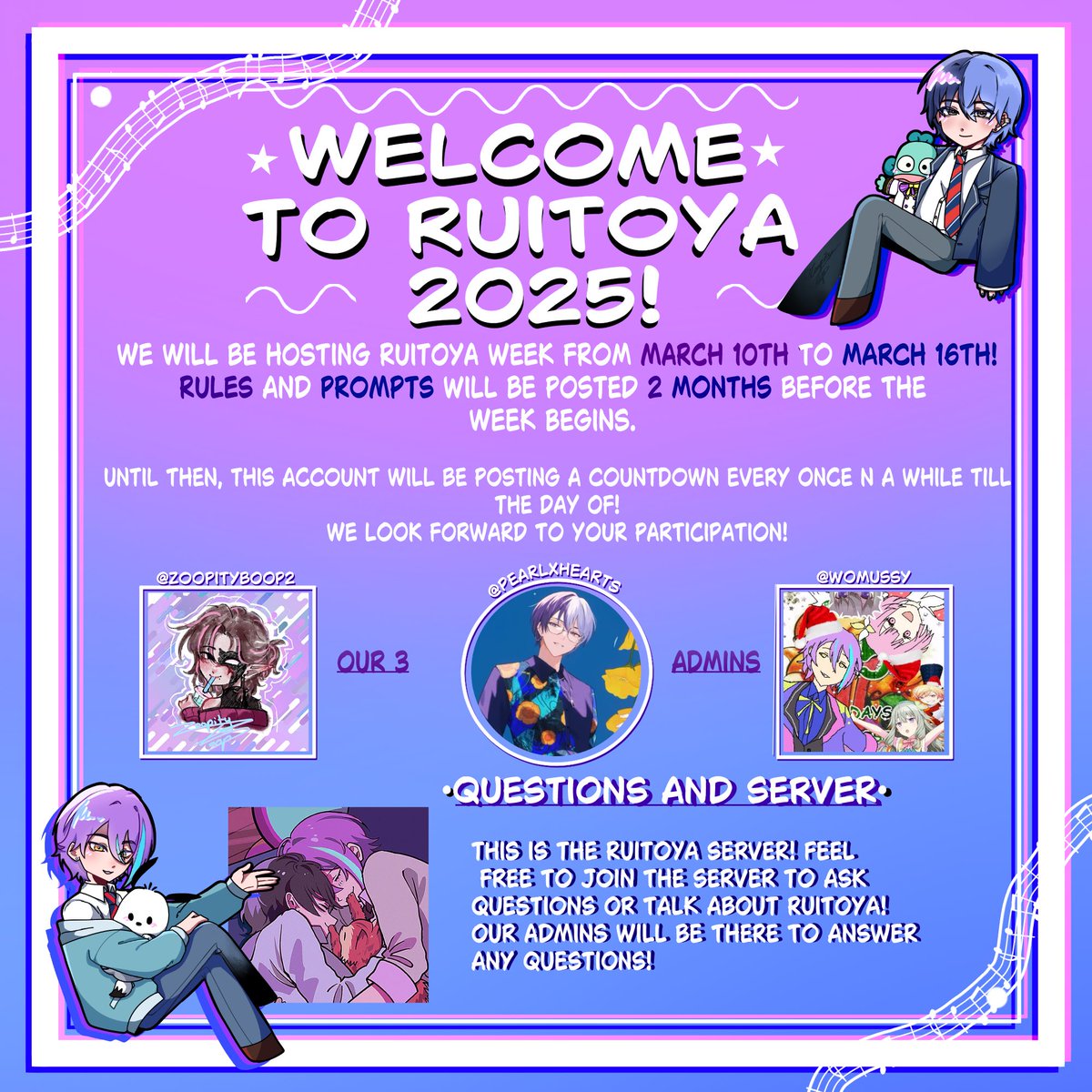 Rty_Week's tweet photo. Introducing Ruitoya Week 2025! We hope to see you participate💙💜

Discord link is below 👇

#ruitoya #ruikamishiro #toyaaoyagi #prsk #prsk_fa #pjsk #pjsk_fa #類冬 🎈☕️ https://t.co/xDs9eRuwcz