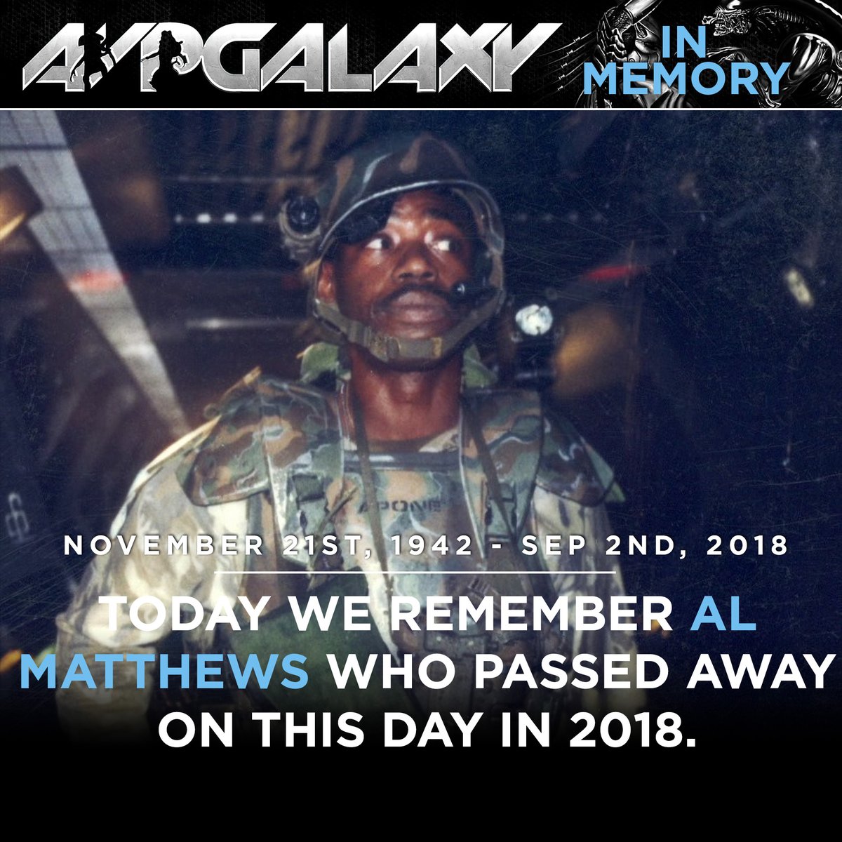 avpgalaxy's tweet photo. Please join everyone at Alien vs. Predator Galaxy as we remember Aliens' Al Matthews who passed away 6 years ago on this day. #AlMatthews #InMemory #RestInPeace #Aliens #ColonialMarines #LookIntoMyEye https://t.co/VG7b4O2szr